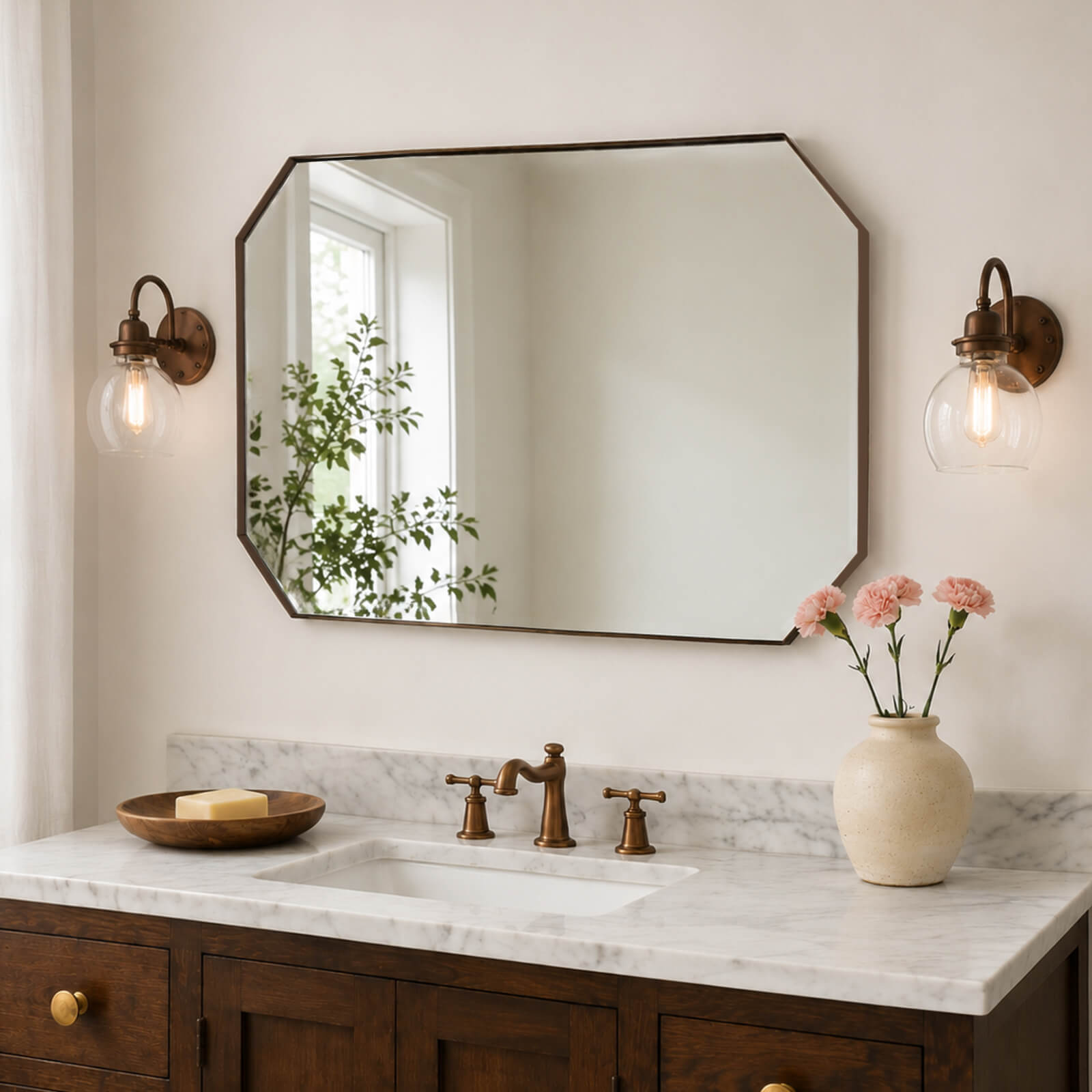 Contemporary Cut Corner Octagonal Scalloped Rectangle Mirror for Bathroom |Stainless Steel Frame