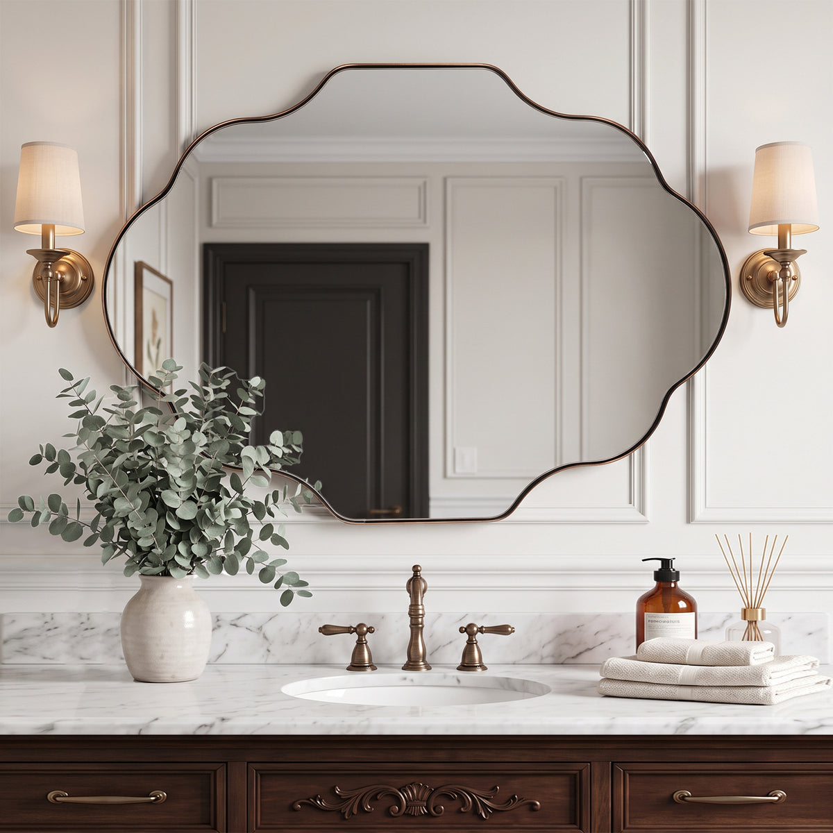 Modern Scalloped Oval Bathroom Vanity Mirror Wavy Wall Mirror | Stainless Steel Frame