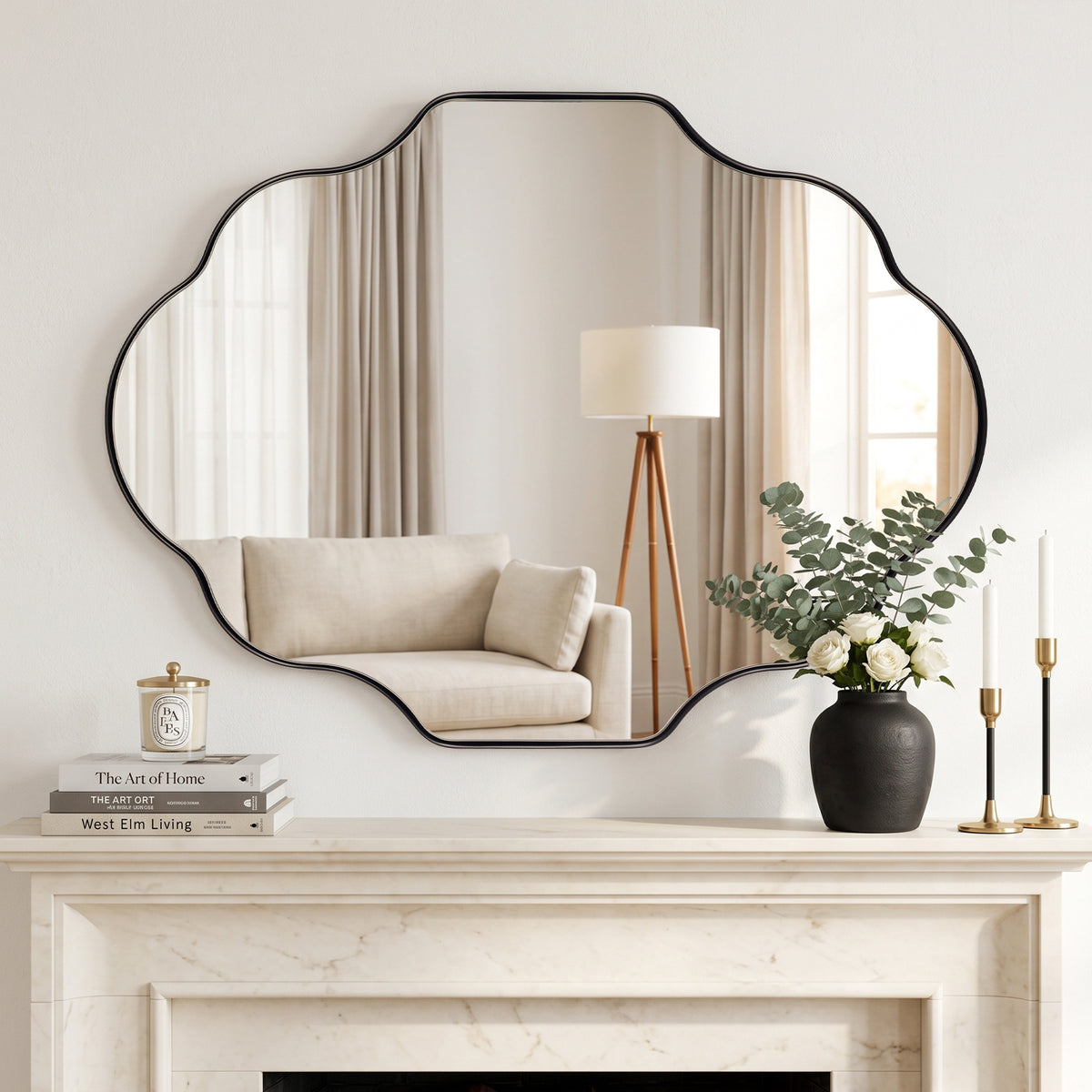 Modern Scalloped Oval Bathroom Vanity Mirror Wavy Wall Mirror | Stainless Steel Frame