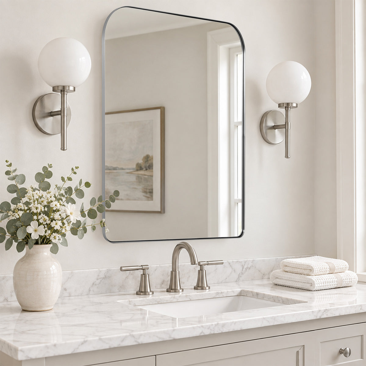 Modern Mantel Wide Arch Rectangle Bathroom Vanity Mirror | Stainless Steel Frame
