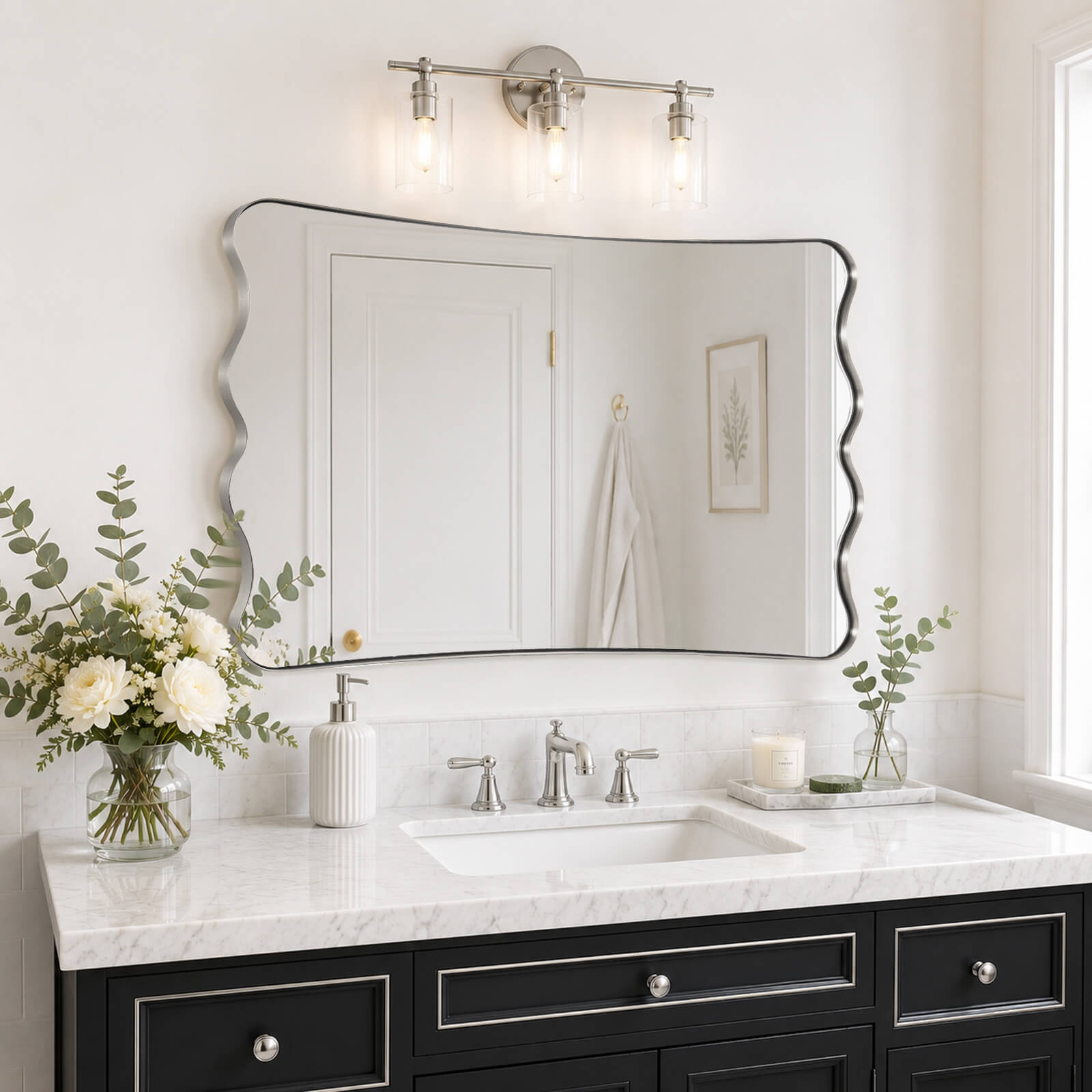 Contemporary Wavy Scalloped Rectangle Mirror Decorative Bathroom Mirror | Stainless Steel Frame