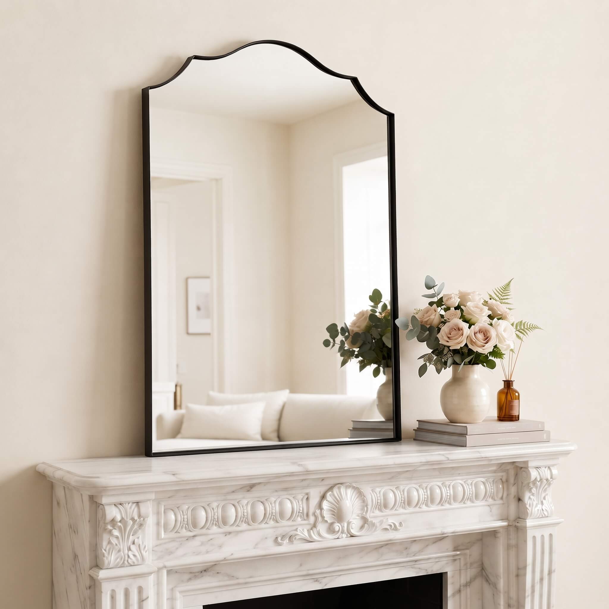 Contemporary Arched Curved Scalloped Mirror Bathroom Vanity Mirror | Stainless Steel Frame