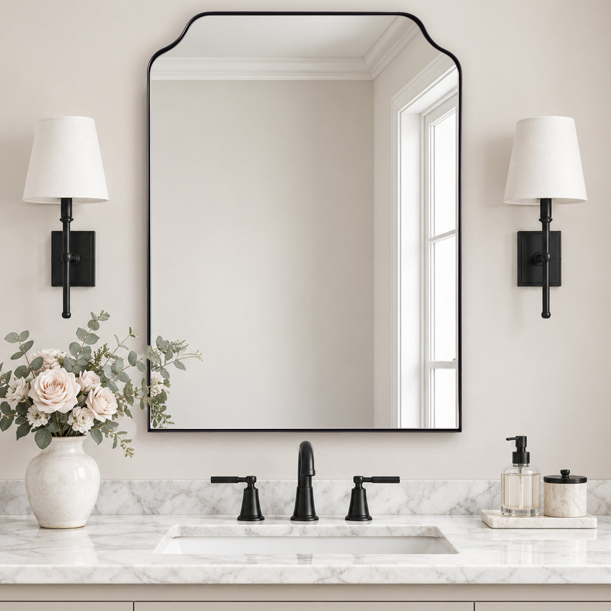 Contemporary Top Notched Corner Arch Scalloped Bathroom Vanity Mirror | Stainless Steel Frame