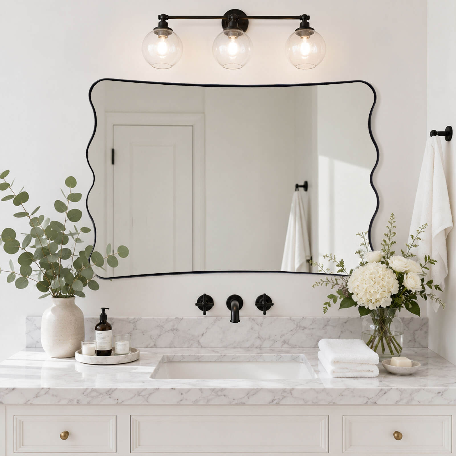 Contemporary Wavy Scalloped Rectangle Mirror Decorative Bathroom Mirror | Stainless Steel Frame