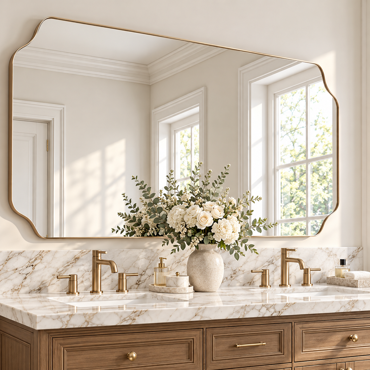 Modern Cut Corner Rectangle Scalloped Mirror for Wall /Bathroom | Stainless Steel Frame