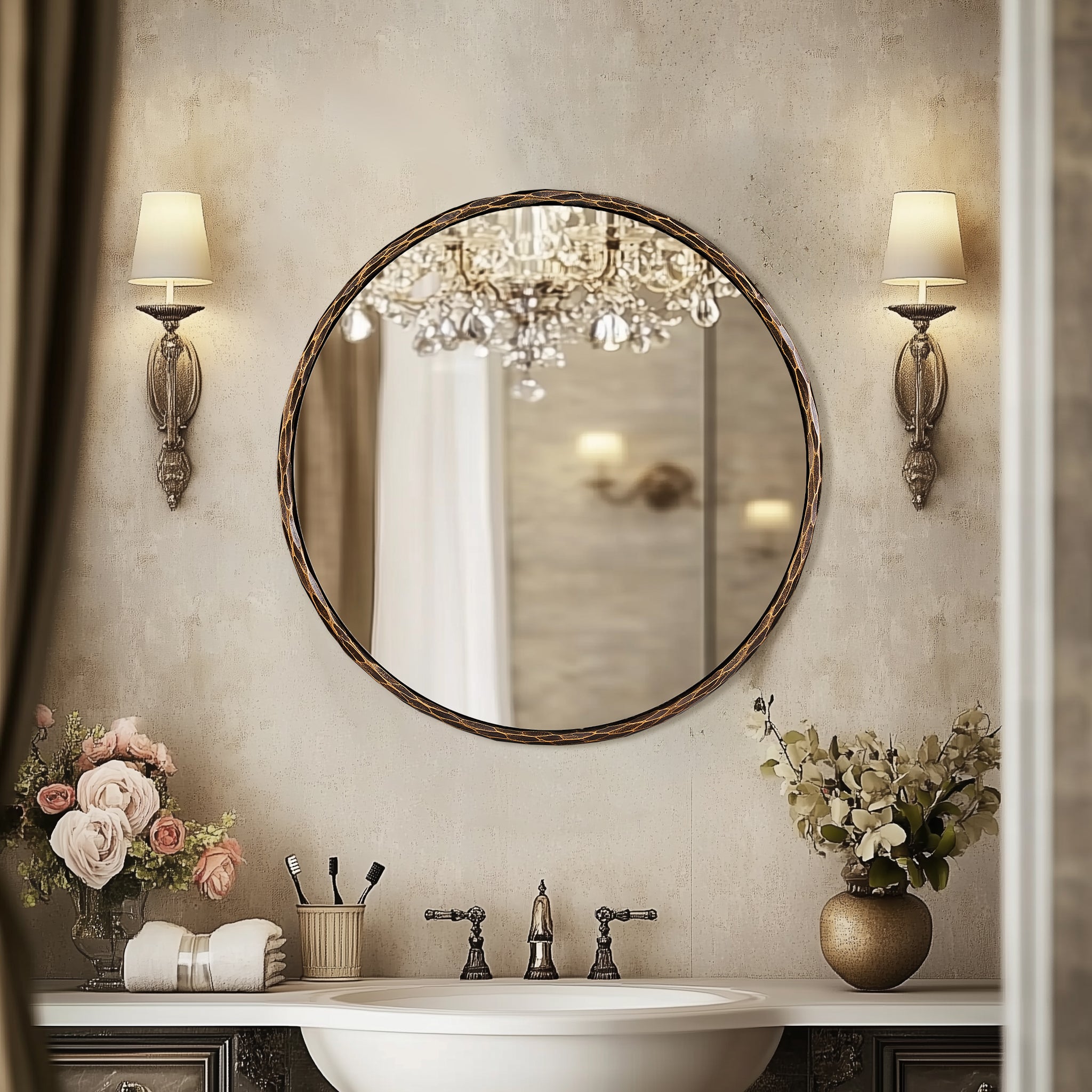 Antique Hand Hammer Forged Iron Mirror Circle Wrought Iron Mirror Round Wall Mirror