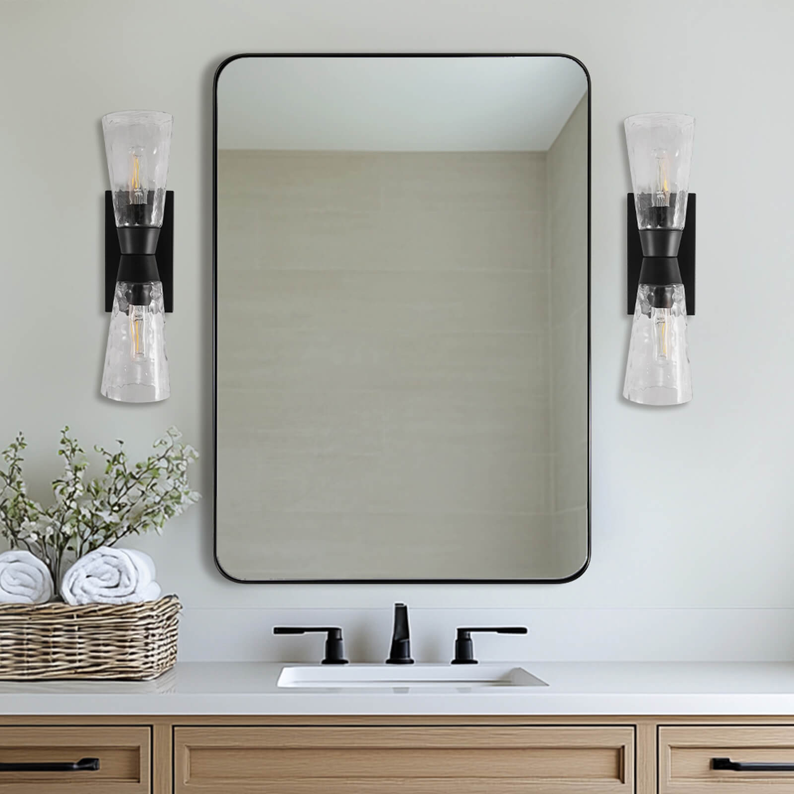 Artistic Double Sconce Flared Hammer Glass Shade Bathroom Light Fixtures