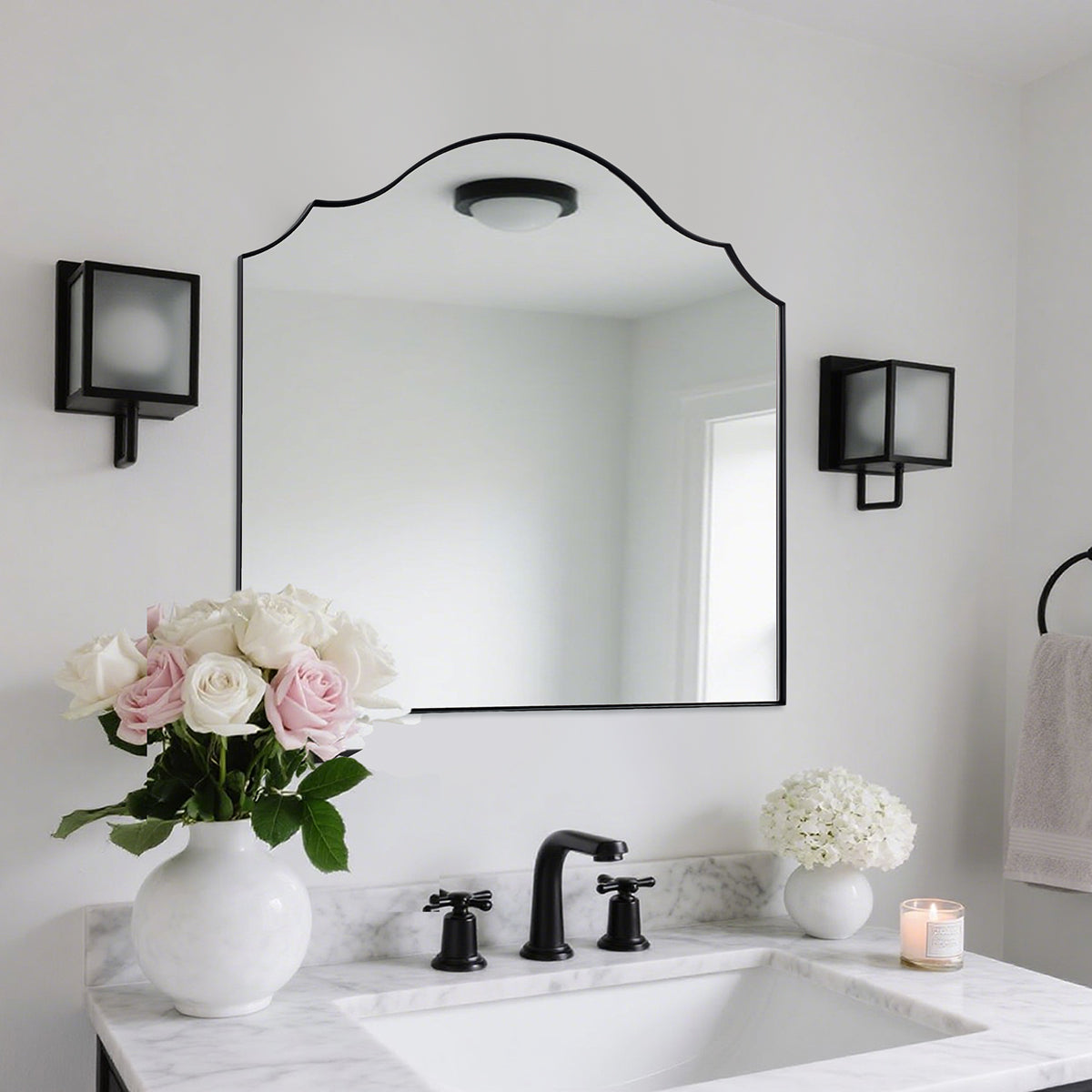 Contemporary Arched Curved Scalloped Mirror Bathroom Vanity Mirror | Stainless Steel Frame
