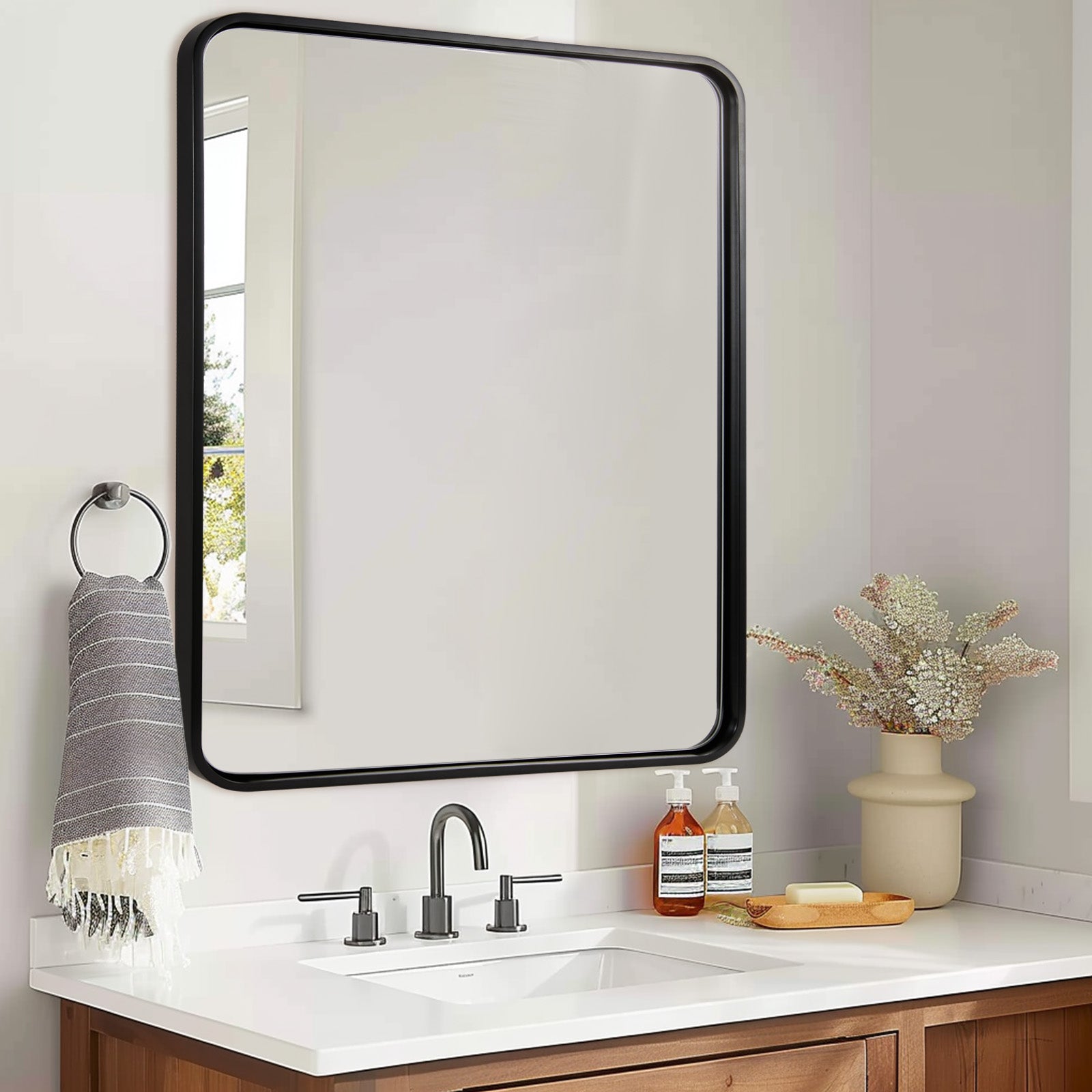 Contemporary Rounded Rectangular Bathroom Wall Mirror |Thicker Stainless Steel Framed