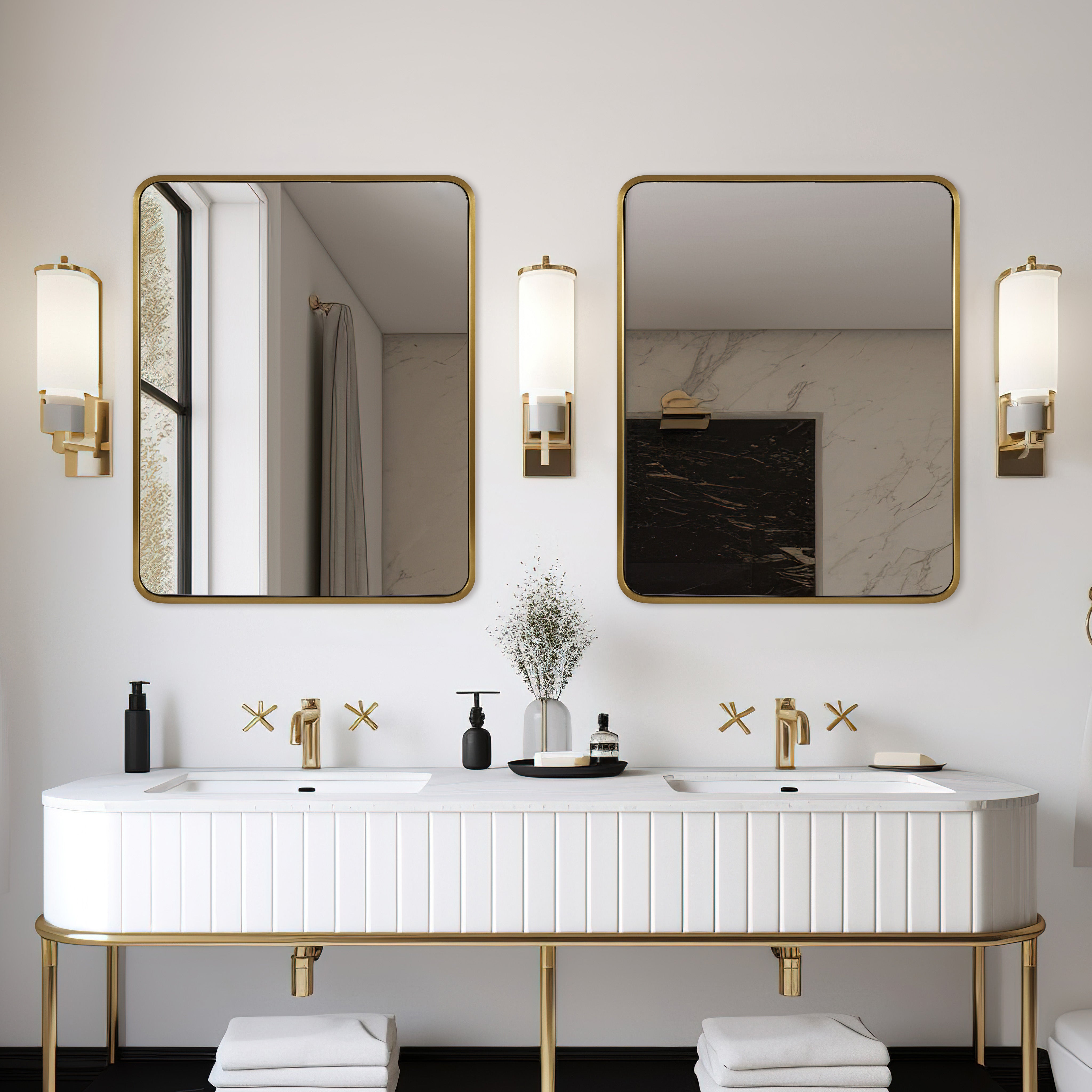 Modern Bold Framed Rectangle Wall Mirrors for Bathroom Wall| Stainless Steel Framed