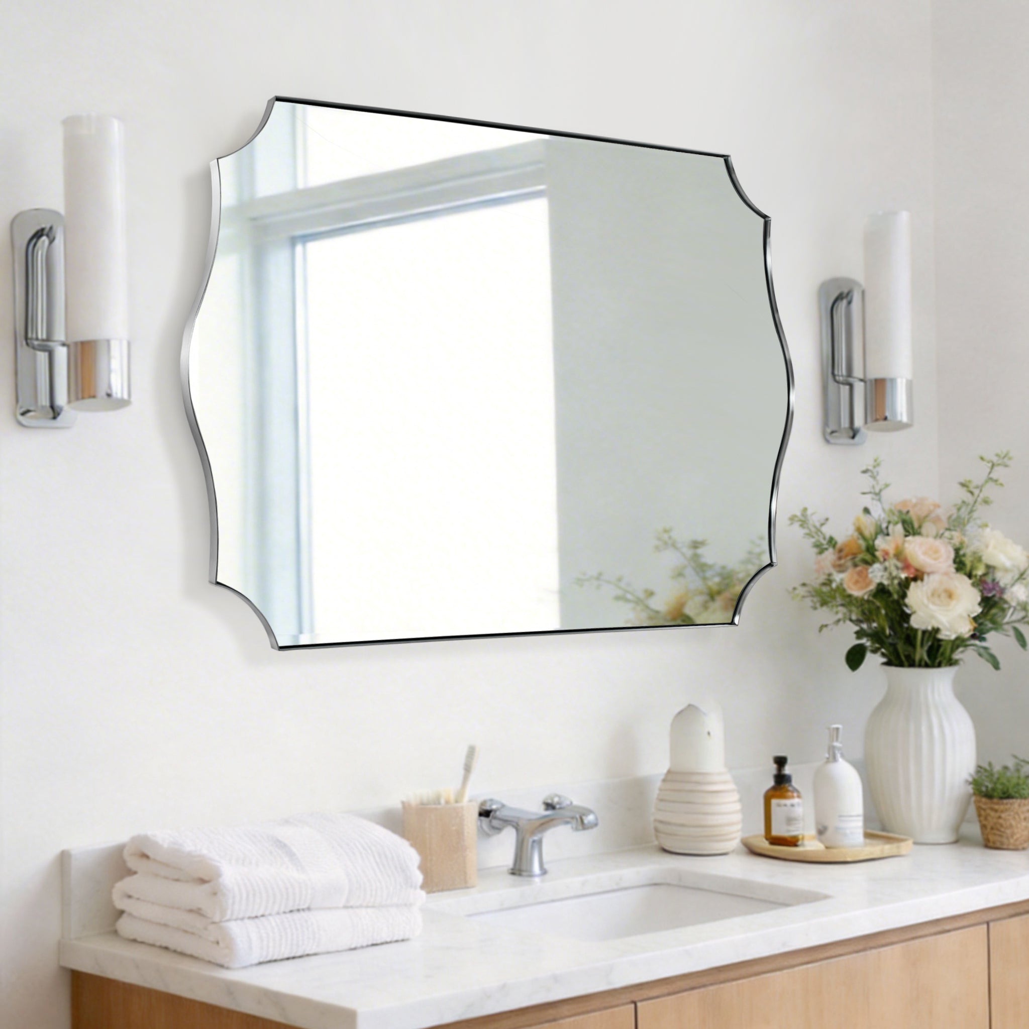 Traditional Rectangle Scalloped Wall Mirror for Bathroom | Stainless Steel Frame
