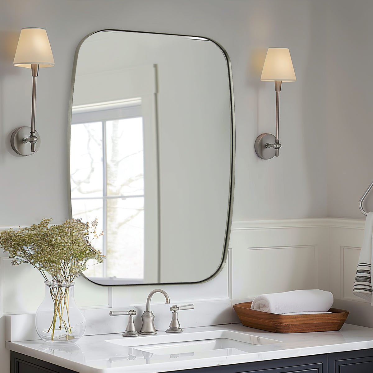 Modern Oblong Bathroom Mirror Long Oval Mirror | Stainless Steel Frame