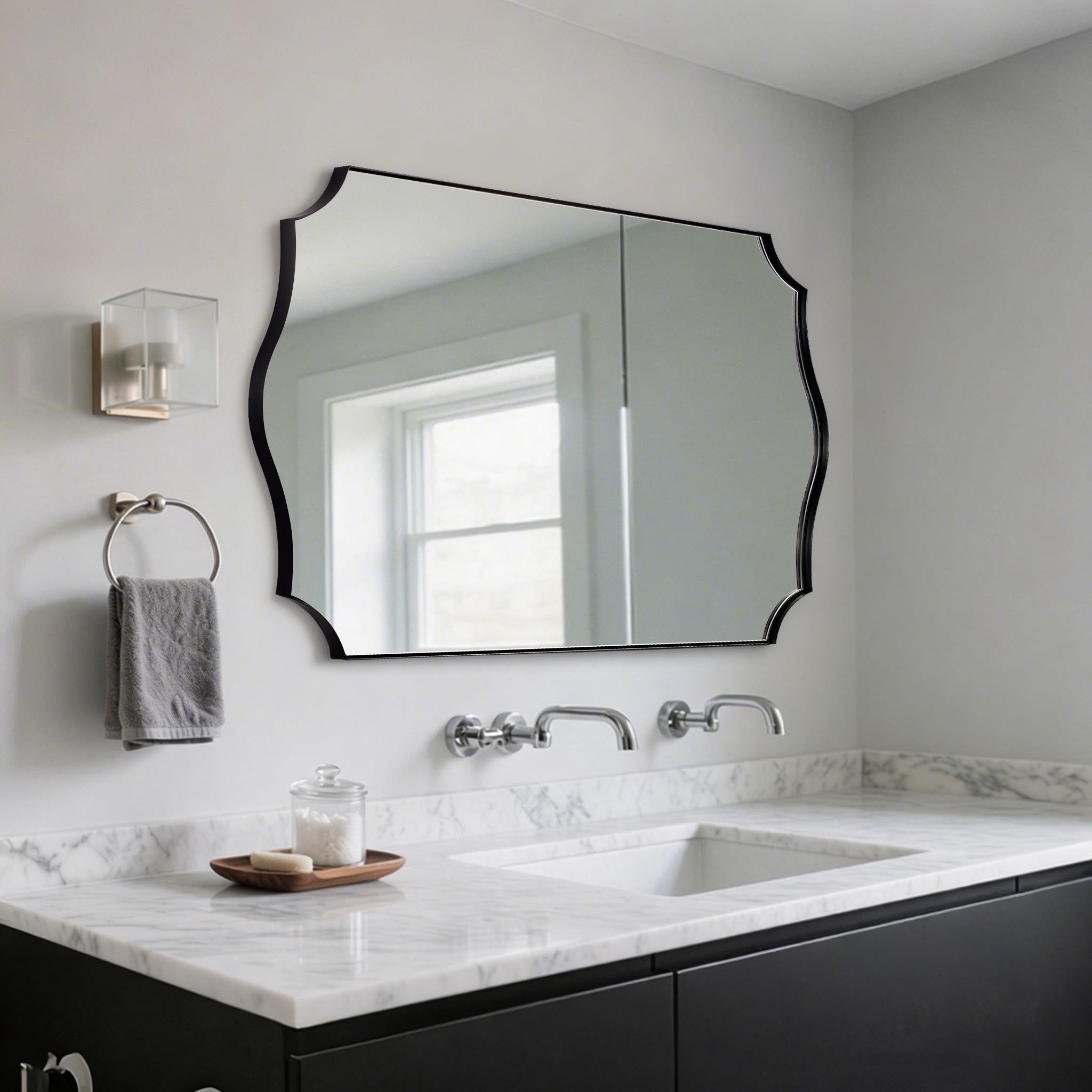 Traditional Rectangle Scalloped Wall Mirror for Bathroom | Stainless Steel Frame