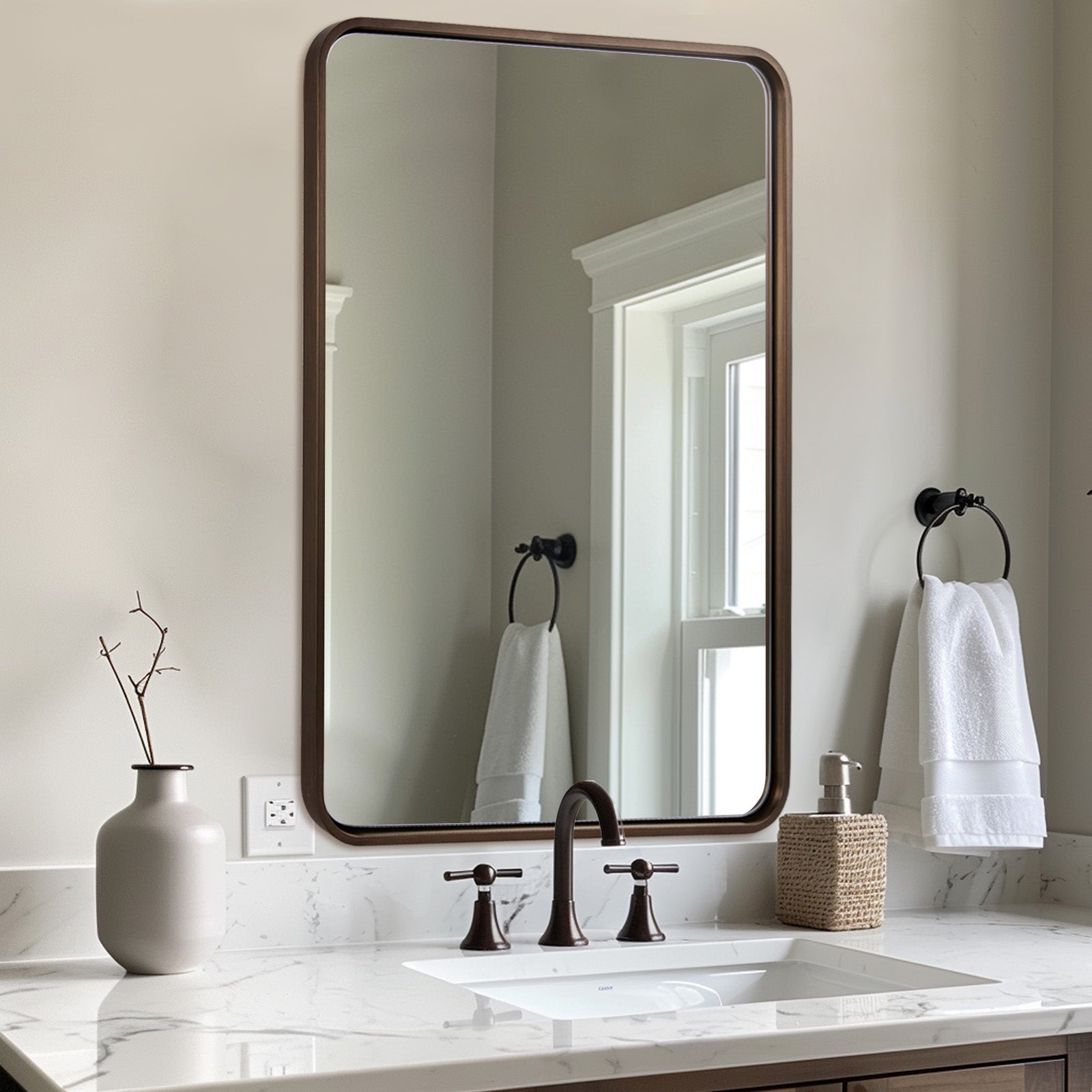 Modern Rounded Rectangular Bathroom Wall Mirror |Thicker Stainless Steel Framed