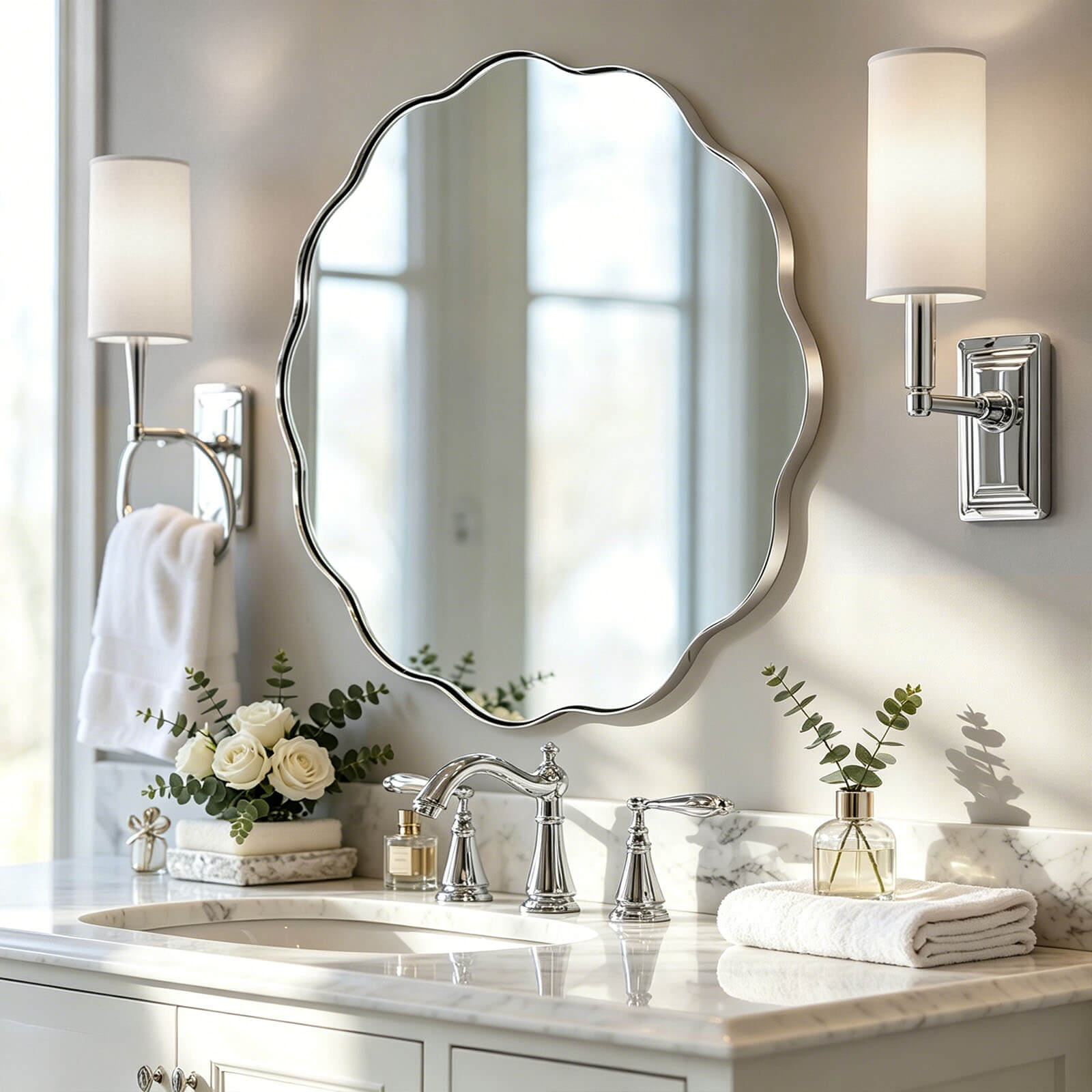Contemporary Round Scalloped Mirror Wavy Circle Bathroom Vanity Mirror | Stainless Steel Frame
