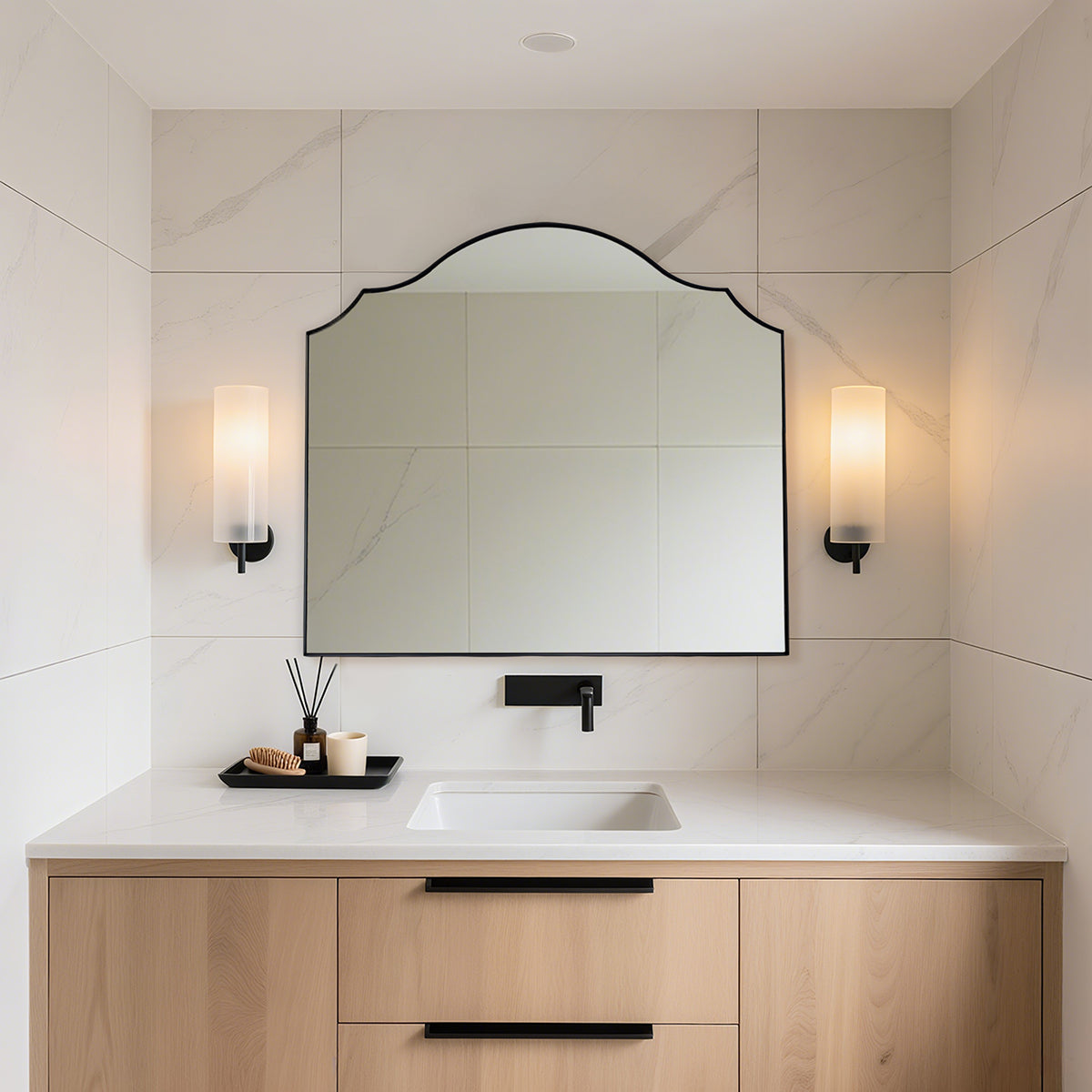 Contemporary Arched Curved Scalloped Mirror Bathroom Vanity Mirror | Stainless Steel Frame