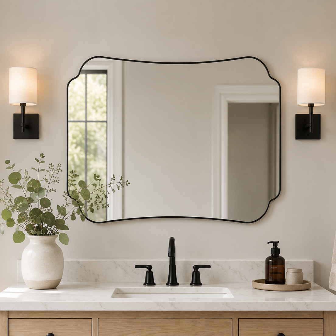 Contemporary Cut Corner Concave Edge Scalloped Bathroom Mirror | Stainless Steel Frame