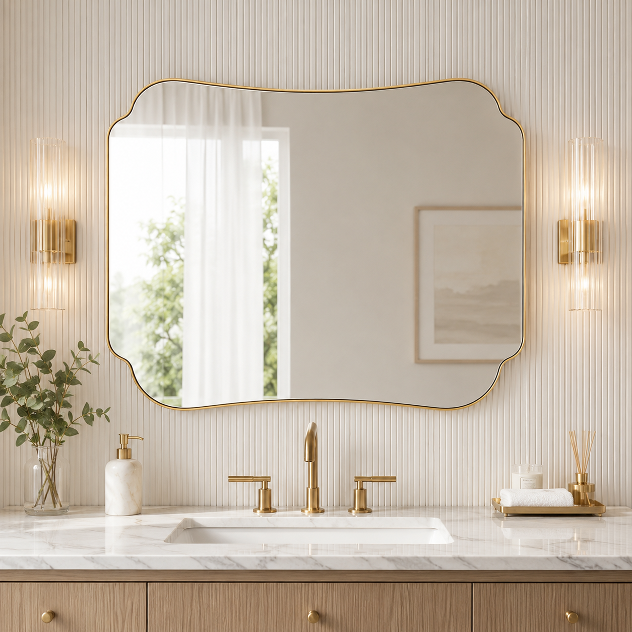 Contemporary Cut Corner Concave Edge Scalloped Bathroom Mirror | Stainless Steel Frame