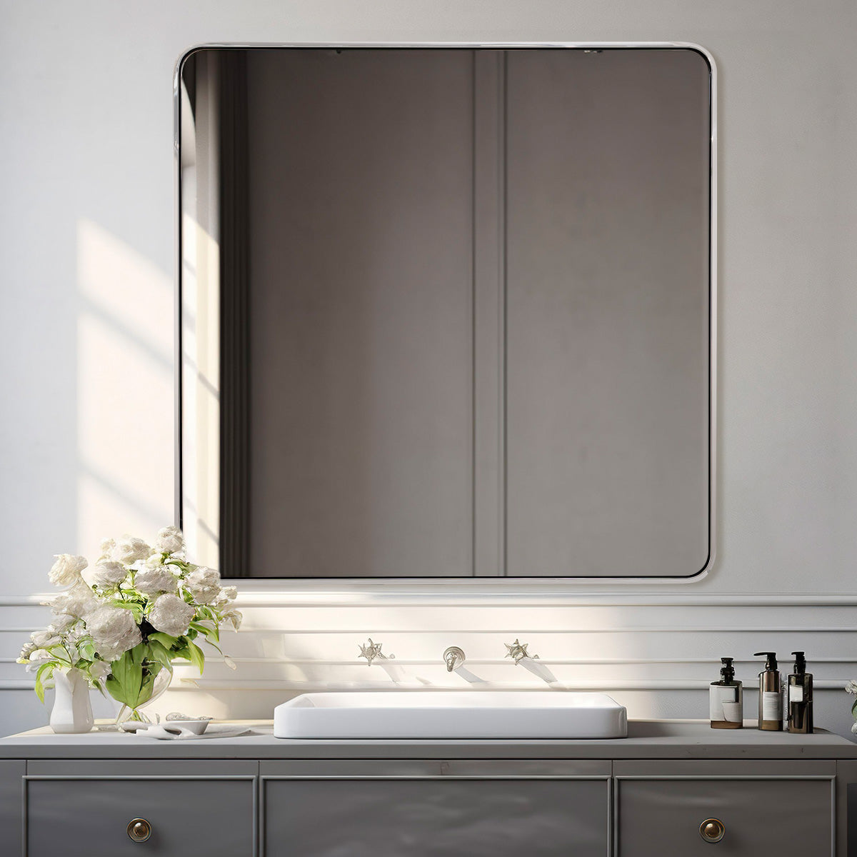 Modern Bold Framed Rectangle Wall Mirrors for Bathroom Wall| Stainless Steel Framed