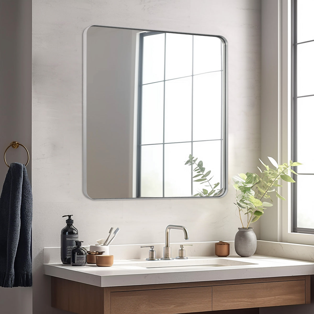 Modern Rounded Rectangular Bathroom Wall Mirrors with Aluminum Frame
