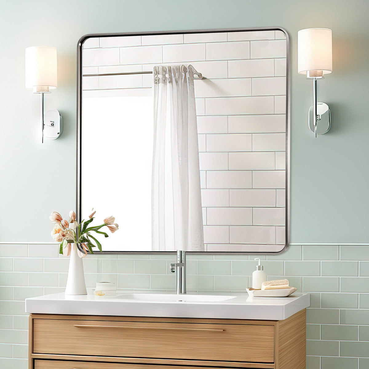 Open Box Like New : Rounded Rectangular Bathroom Mirror |Thicker Stainless Steel Framed