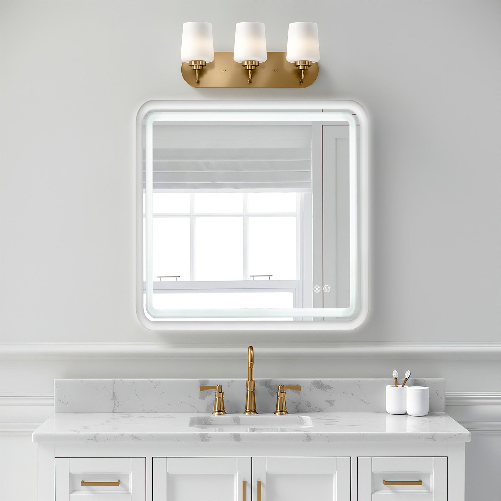 White Framed LED Bathroom Mirror with Lights, Dual Front& Back Lights, Defogging