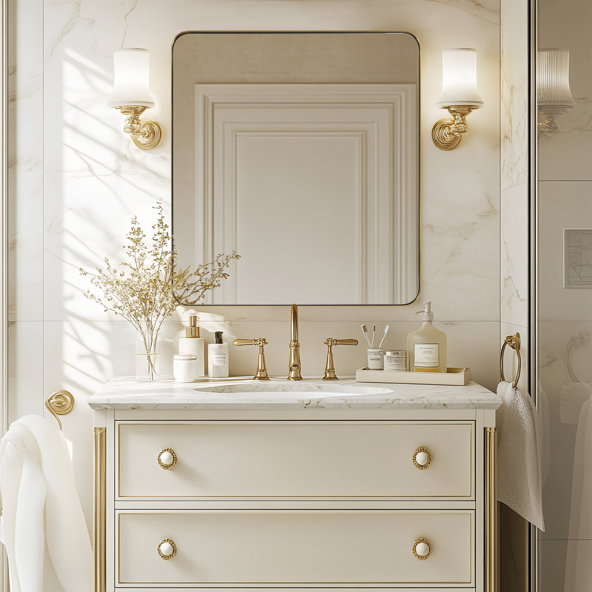 Open Box Like New : Modern Rounded Rectangle Mirror for Bathroom/ Vanity/ Wall | Stainless Steel Frame