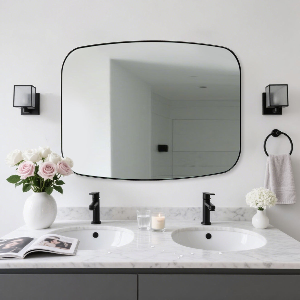 Modern Oblong Bathroom Mirror Long Oval Mirror | Stainless Steel Frame