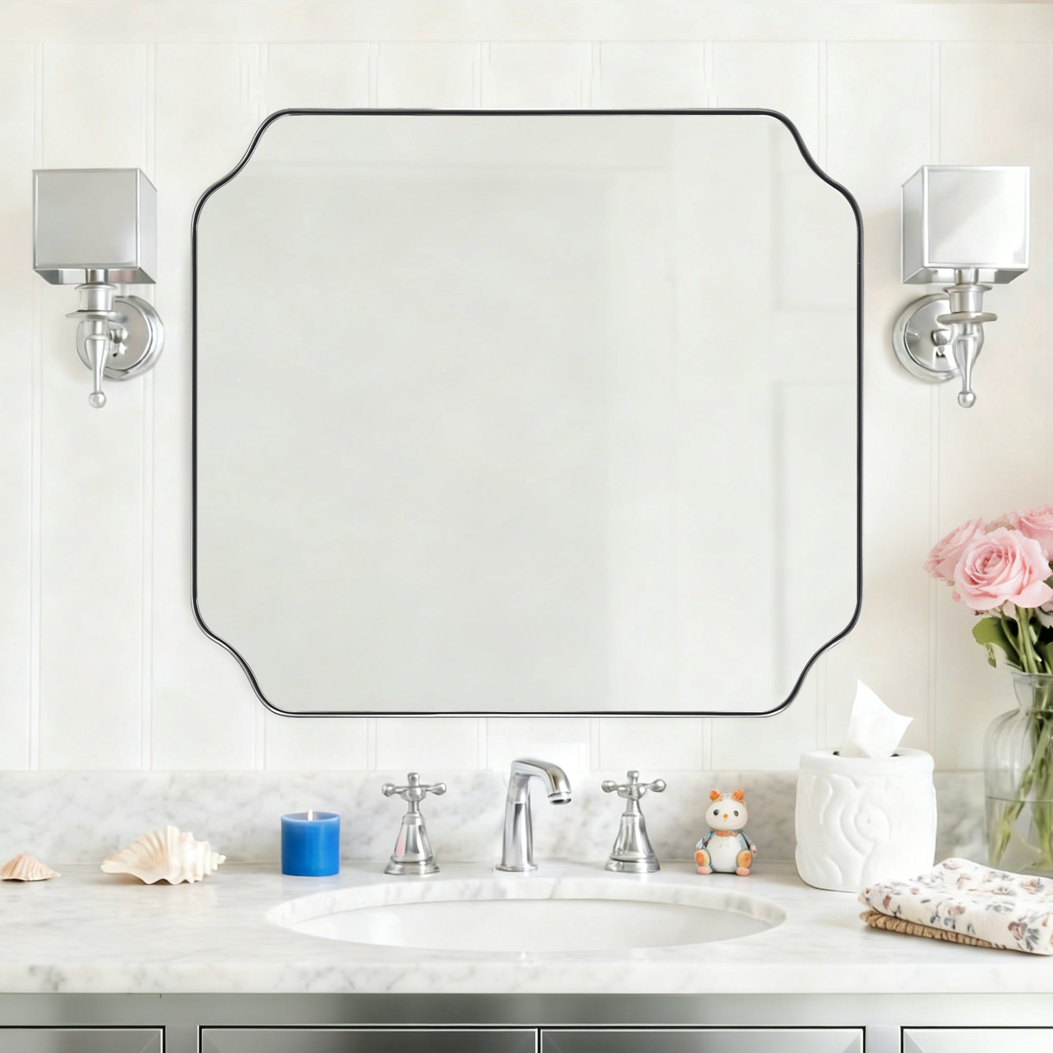 Contemporary Notched Corner Rectangle Scalloped Mirror for Wall /Bathroom | Stainless Steel Frame