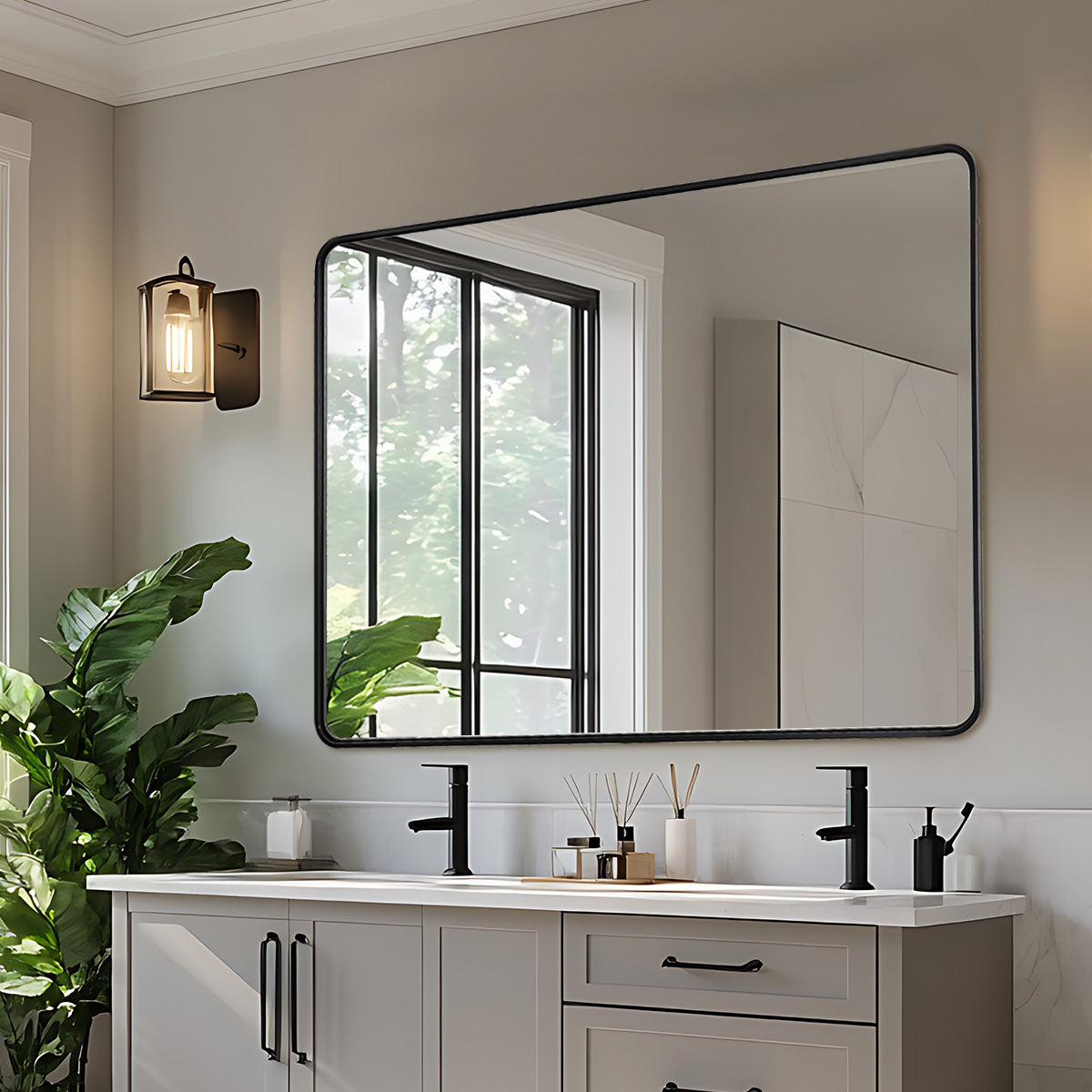 Modern Rounded Rectangular Bathroom Wall Mirror |Thicker Stainless Steel Framed