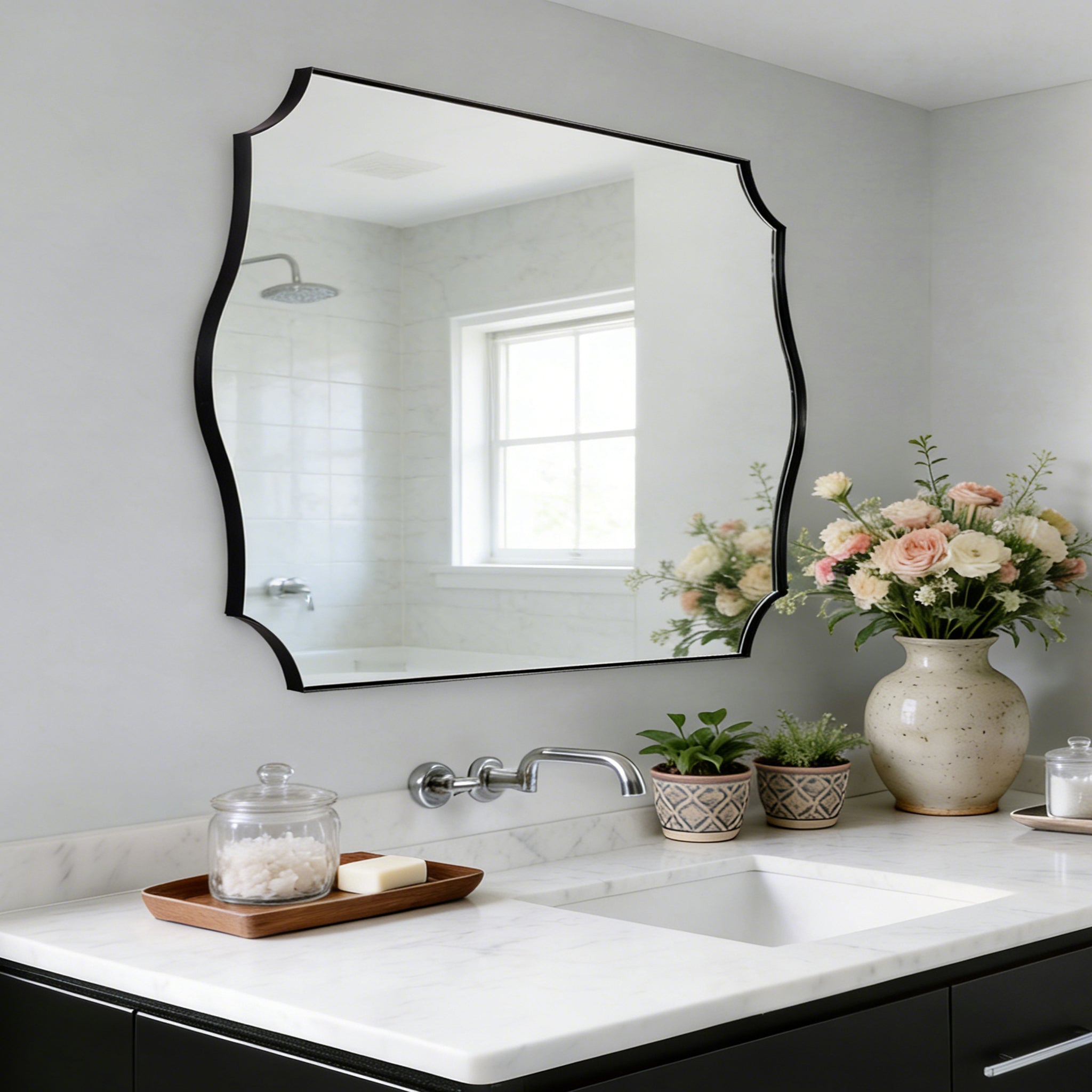 Traditional Rectangle Scalloped Wall Mirror for Bathroom | Stainless Steel Frame