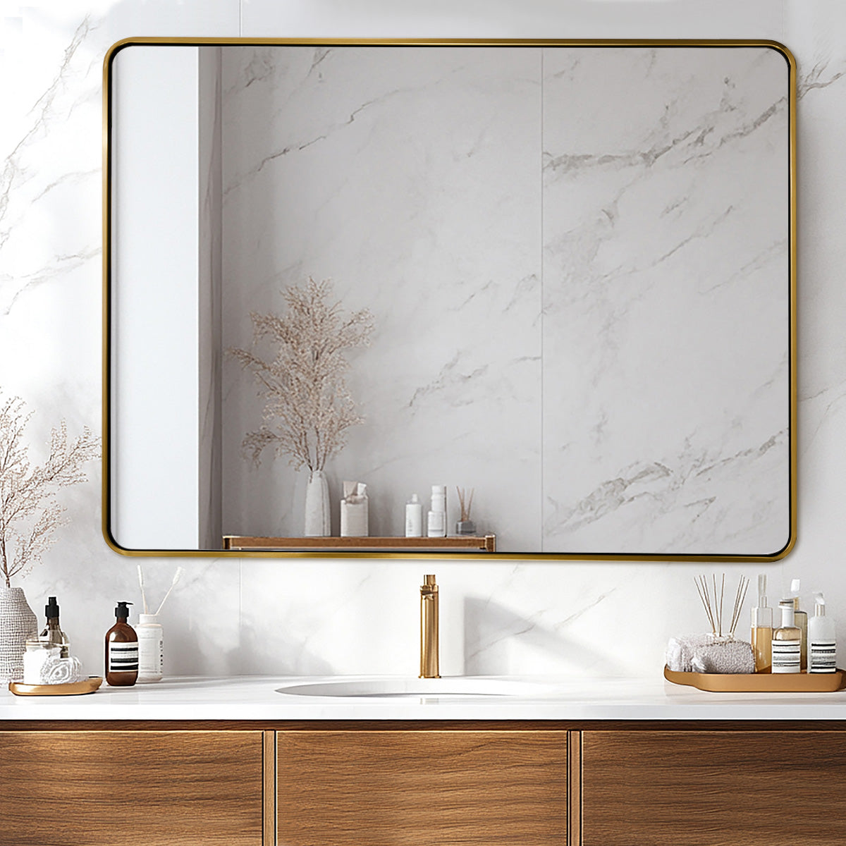 Modern Bold Framed Rectangle Wall Mirrors for Bathroom Wall| Stainless Steel Framed