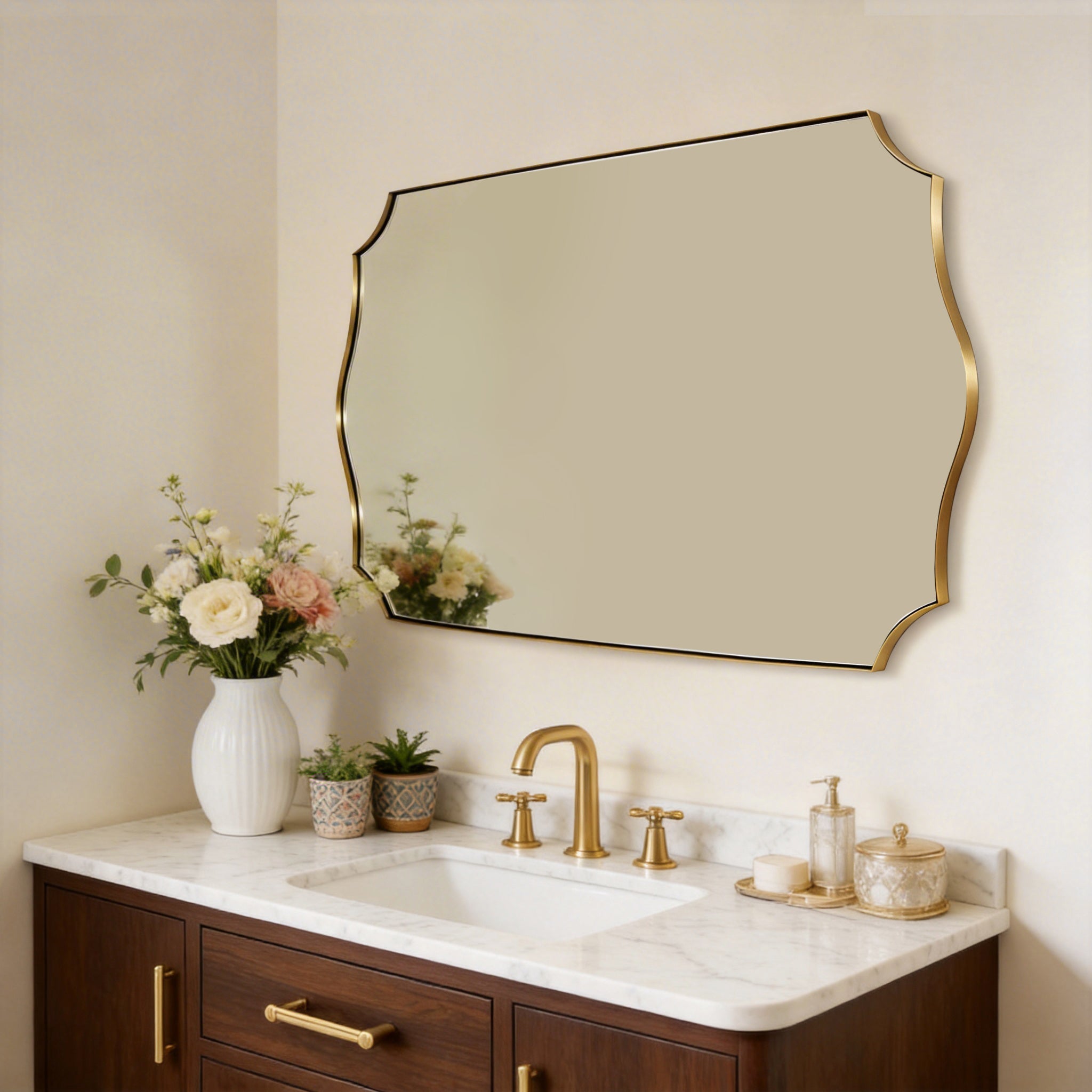 Traditional Rectangle Scalloped Wall Mirror for Bathroom | Stainless Steel Frame