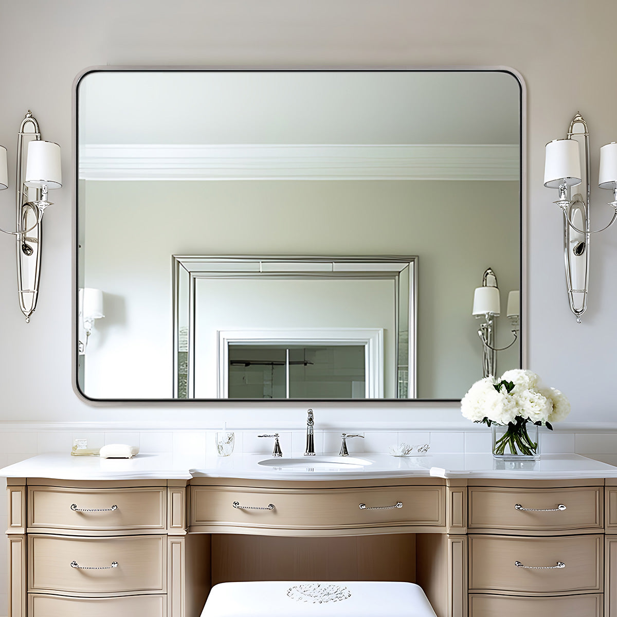 Modern Bold Framed Rectangle Wall Mirrors for Bathroom Wall| Stainless Steel Framed