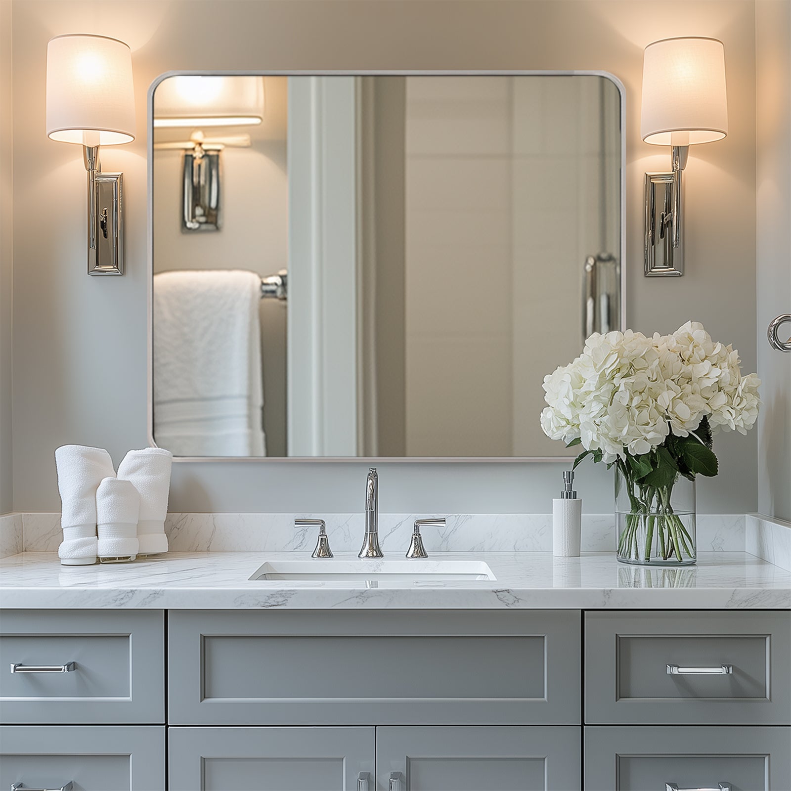 Modern Bold Stainless Steel Framed Rounded Rectangular Bathroom Wall Mirror