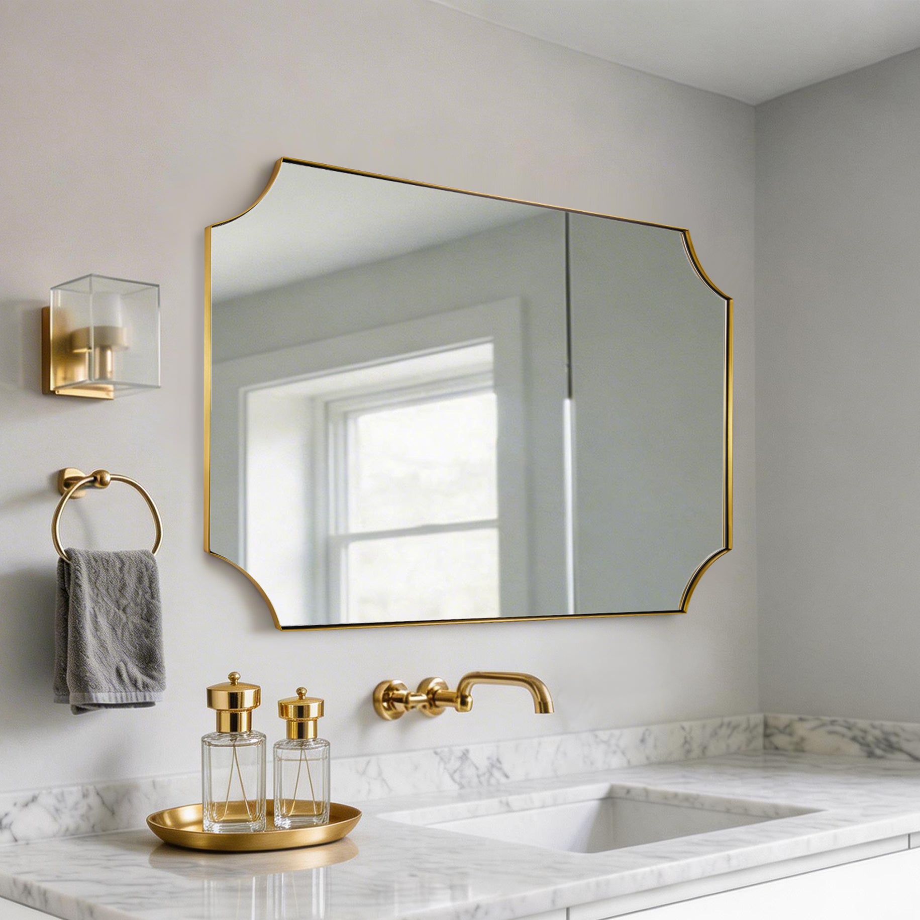 Contemporary Notched Corner Scalloped Rectangle Bathroom Vanity Mirror | Stainless Steel Frame