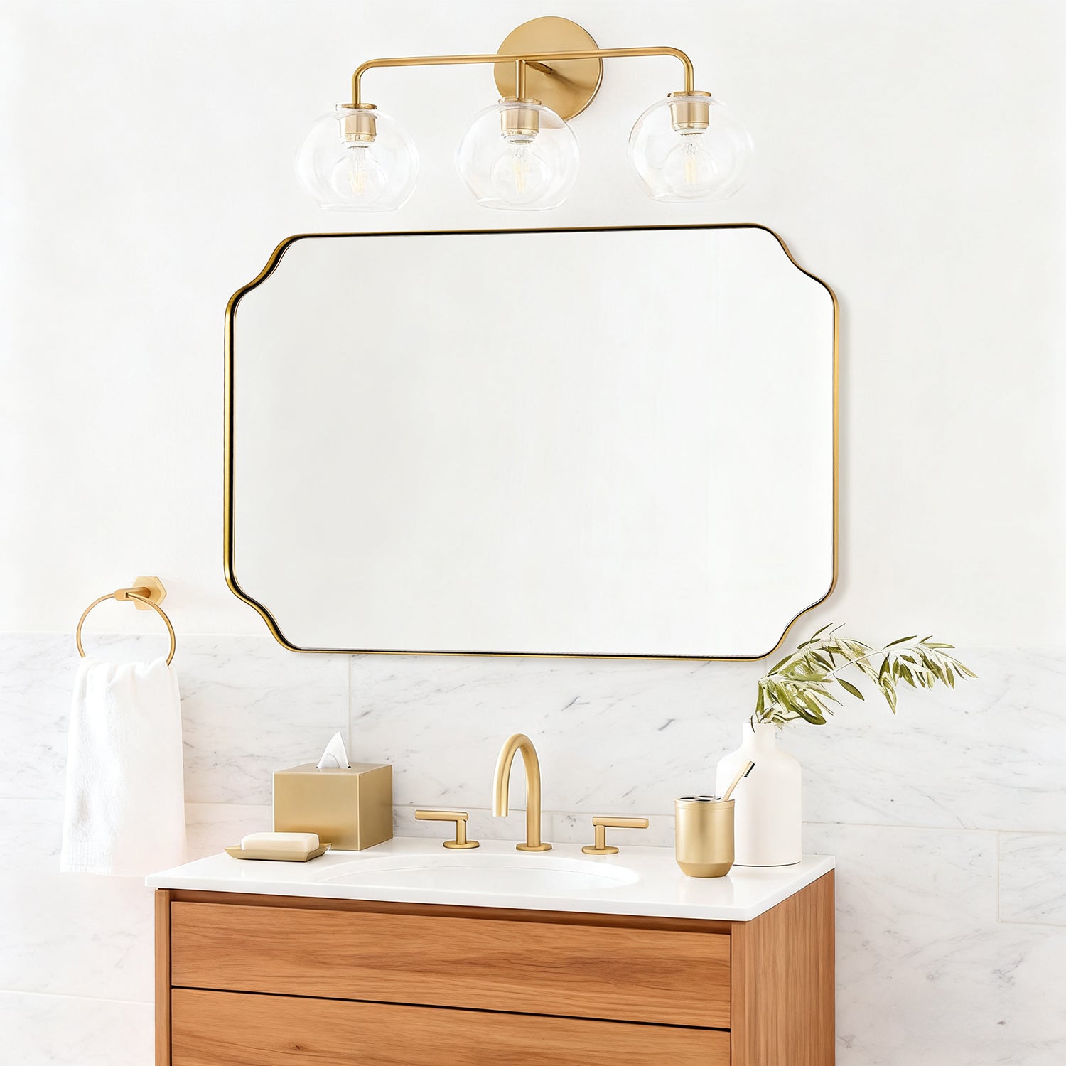 Contemporary Notched Corner Rectangle Scalloped Mirror for Wall /Bathroom | Stainless Steel Frame