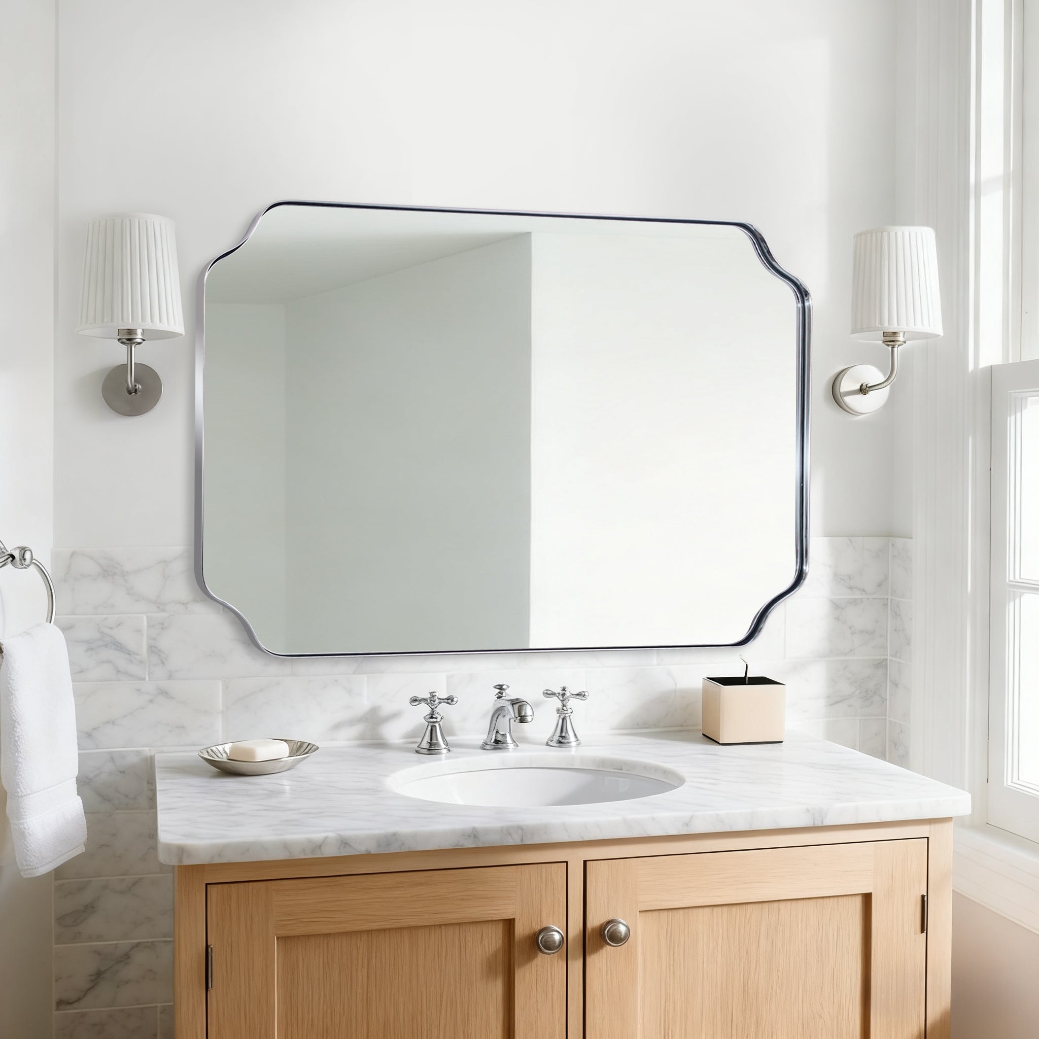 Contemporary Notched Corner Rectangle Scalloped Mirror for Wall /Bathroom | Stainless Steel Frame