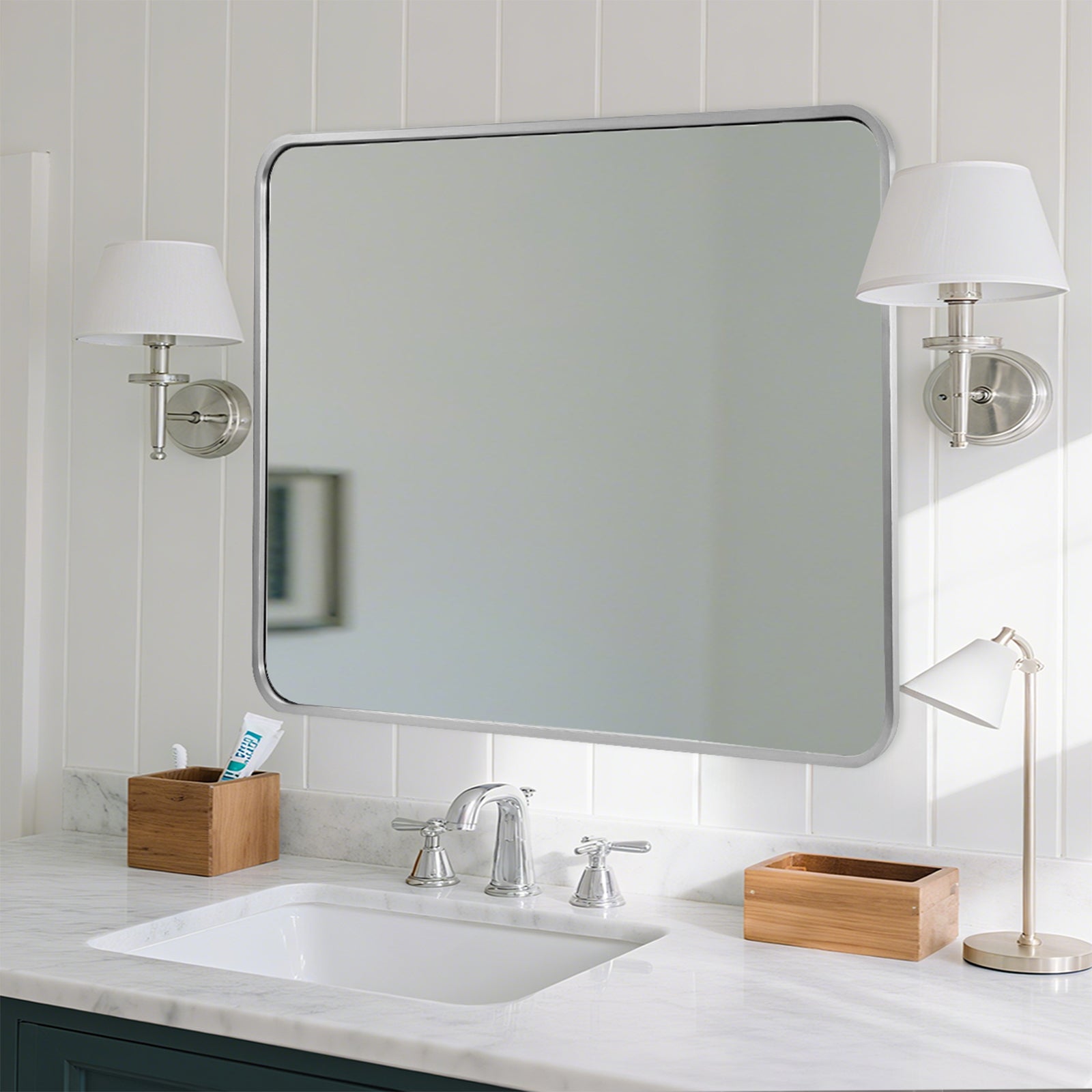 Modern Bold Stainless Steel Framed Rounded Rectangular Bathroom Wall Mirror