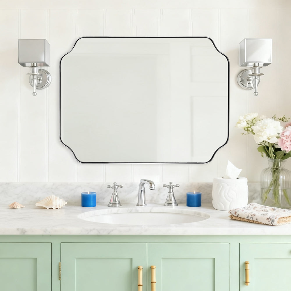 Contemporary Notched Corner Rectangle Scalloped Mirror for Wall /Bathroom | Stainless Steel Frame