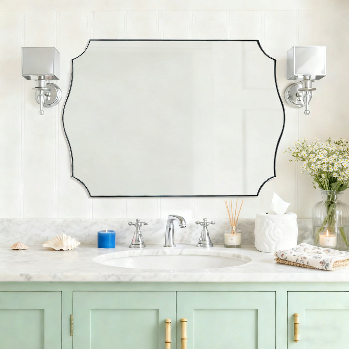 Contemporary Wavy Edge Scalloped Corner Rectangular Bathroom Vanity Mirror | Stainless Steel Frame