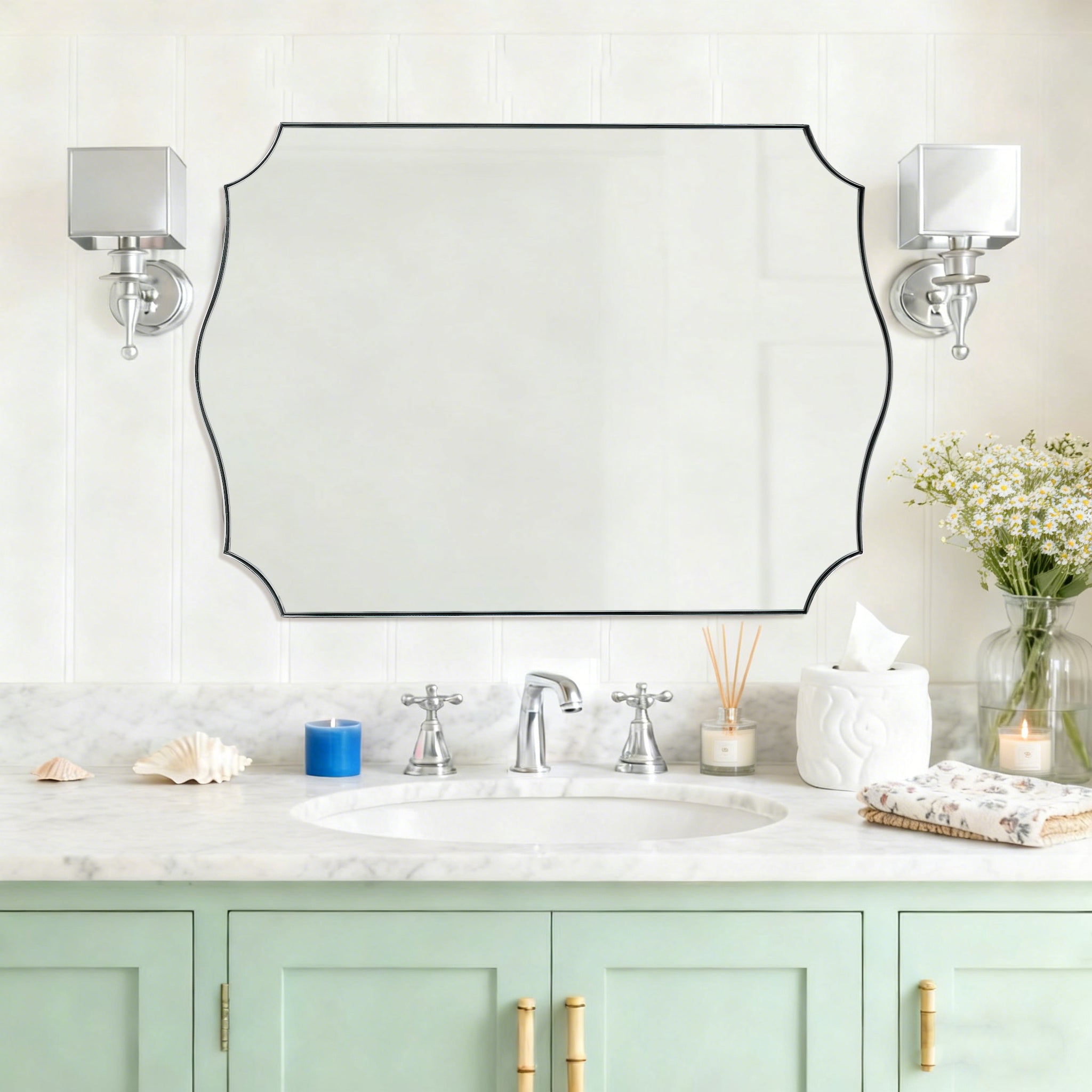 Traditional Rectangle Scalloped Wall Mirror for Bathroom | Stainless Steel Frame