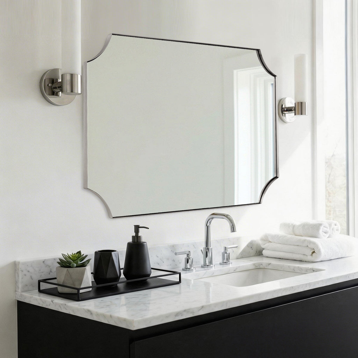 Modern Cut Corner Scalloped Rectangle Bathroom Vanity Mirror | Stainless Steel Frame