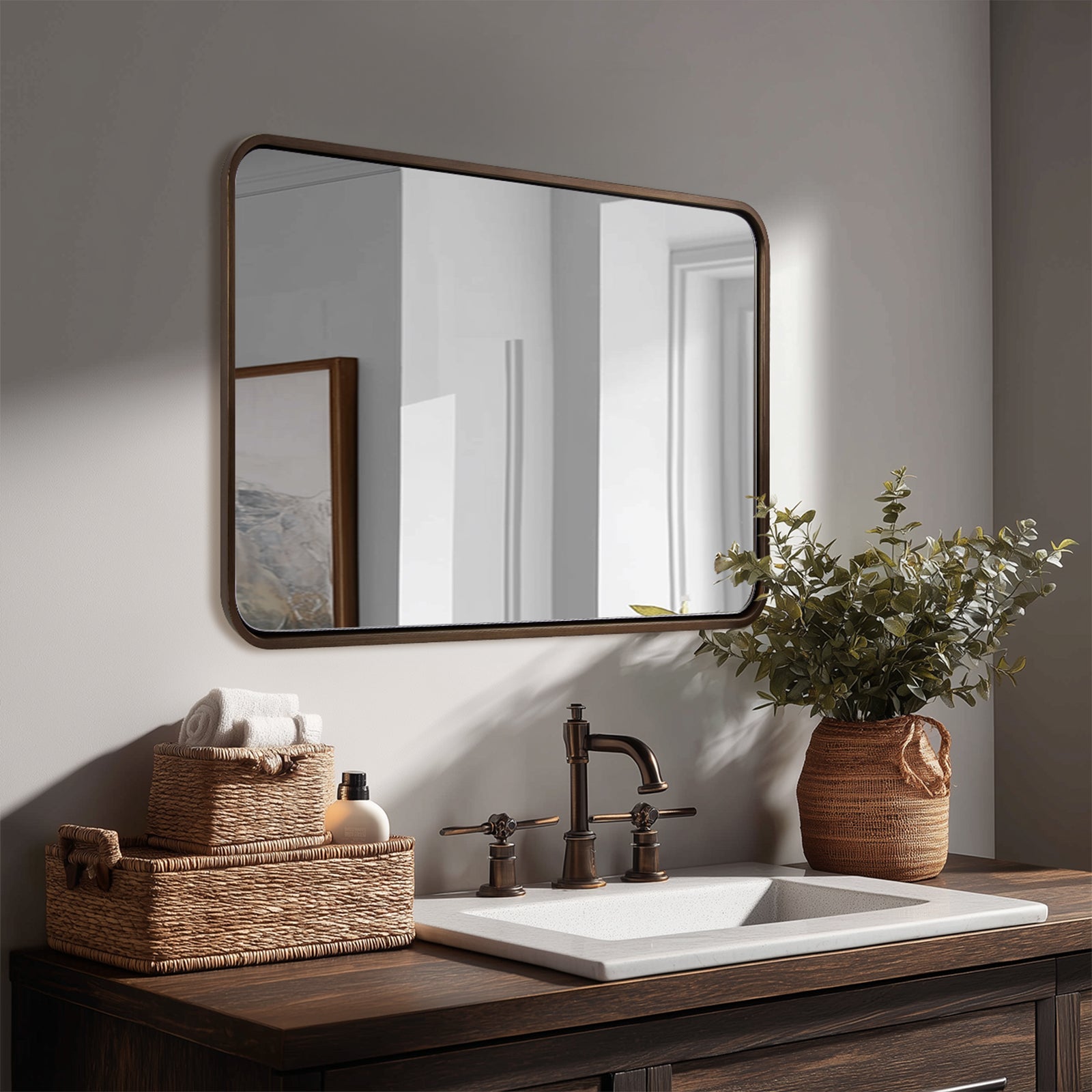 Contemporary Rounded Rectangular Bathroom Wall Mirror |Thicker Stainless Steel Framed