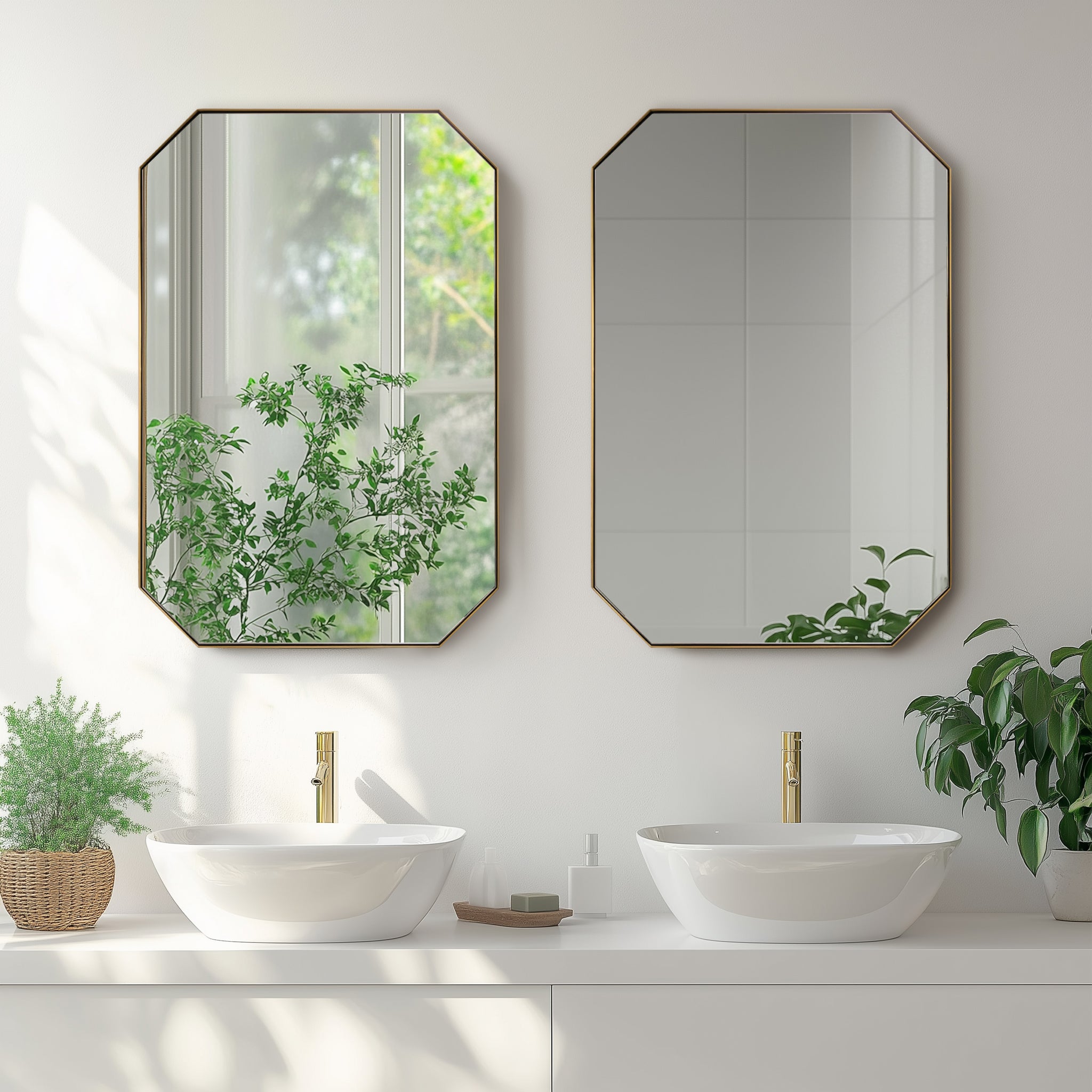 Contemporary Cut Corner Octagonal Scalloped Rectangle Mirror for Bathroom  |Stainless Steel Frame