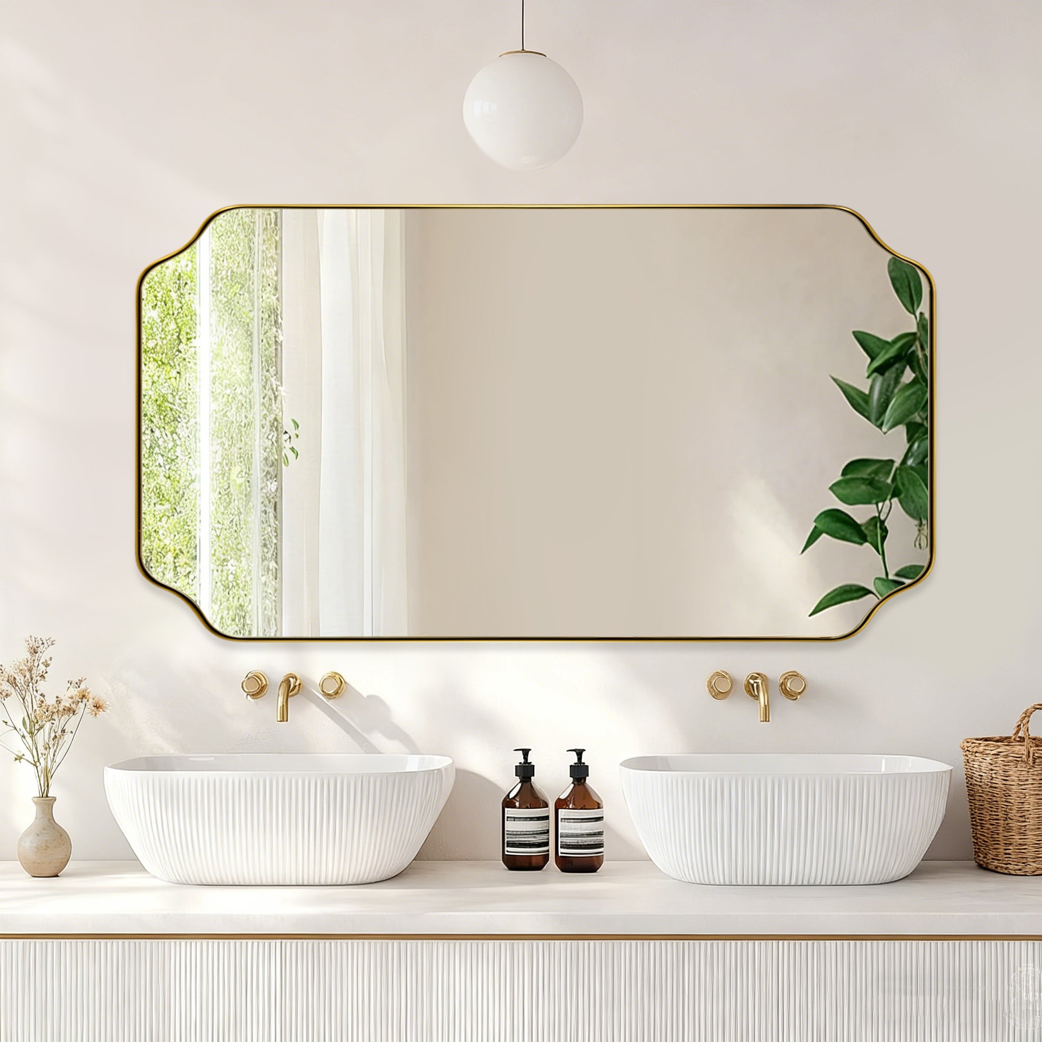 Contemporary Notched Corner Rectangle Scalloped Mirror for Wall /Bathroom | Stainless Steel Frame