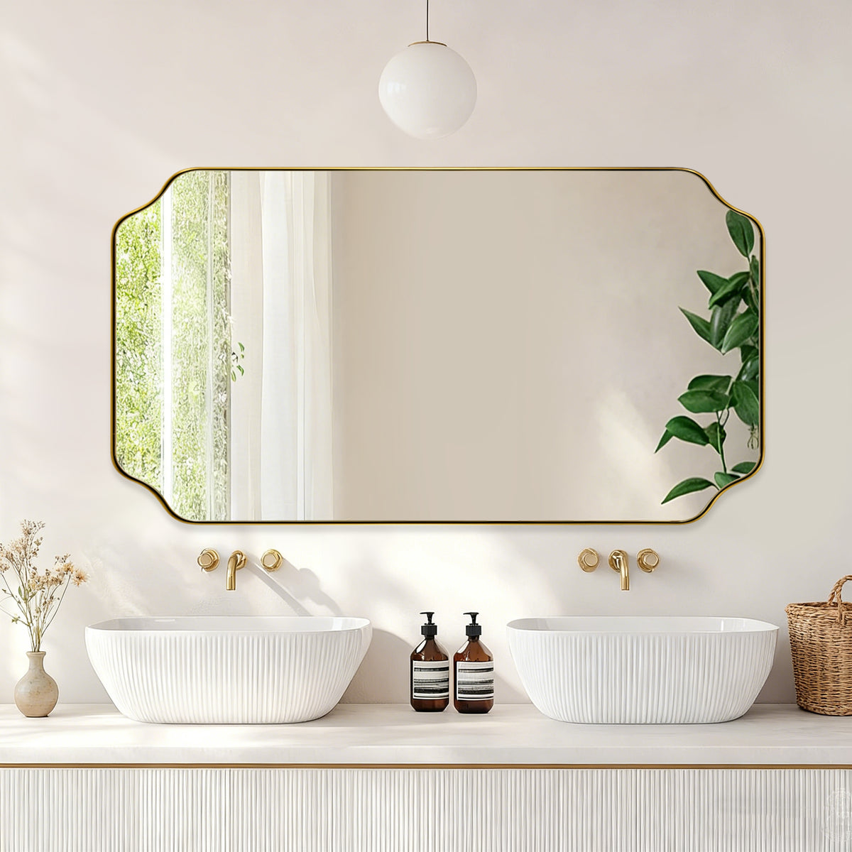 Modern Cut Corner Rectangle Scalloped Mirror for Wall /Bathroom | Stainless Steel Frame