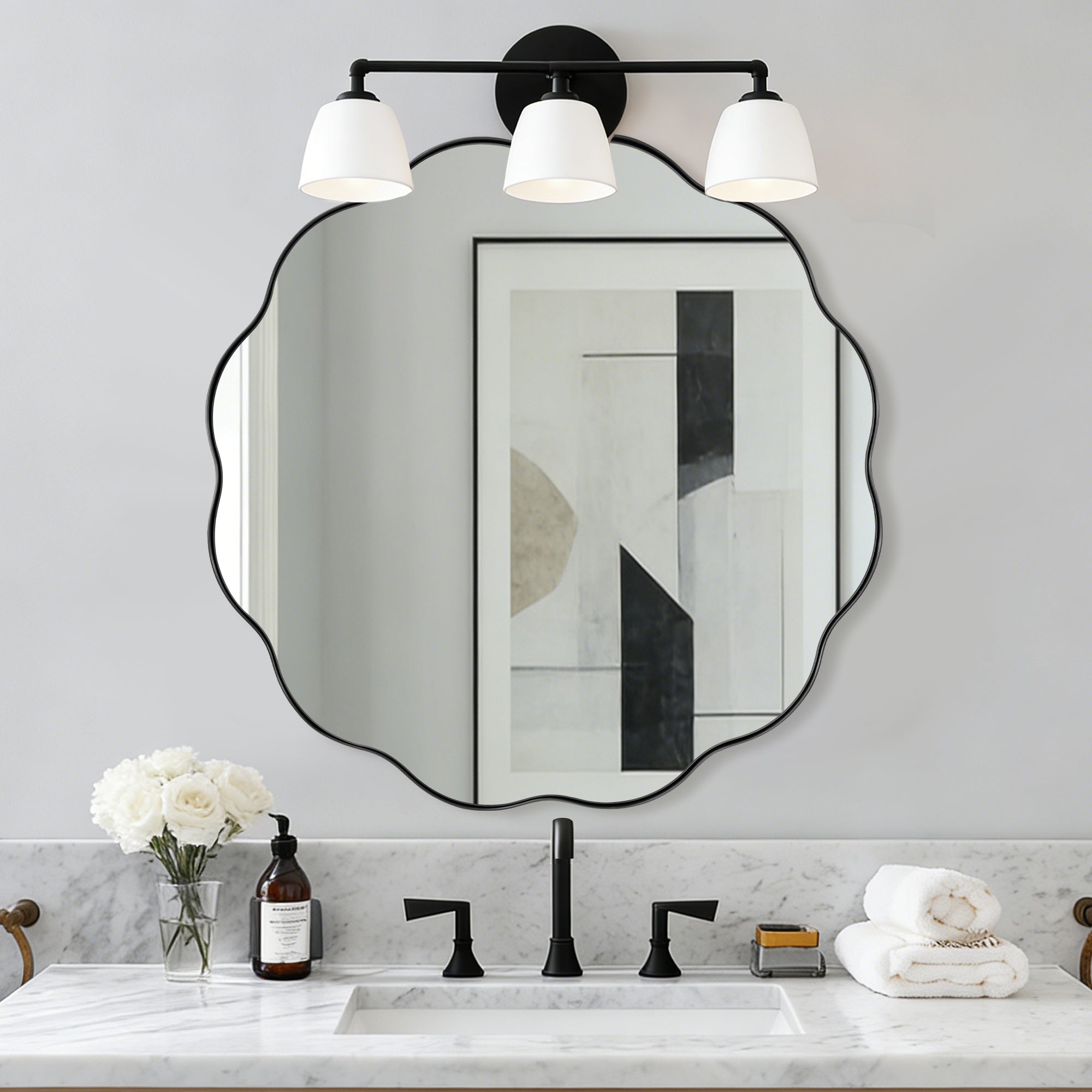 Contemporary Round Scalloped Mirror Wavy Circle Bathroom Vanity Mirror | Stainless Steel Frame
