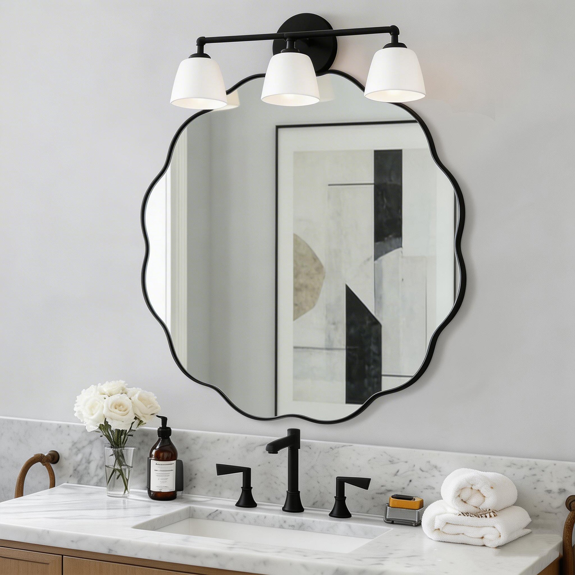 Contemporary Round Scalloped Mirror Wavy Circle Bathroom Vanity Mirror | Stainless Steel Frame