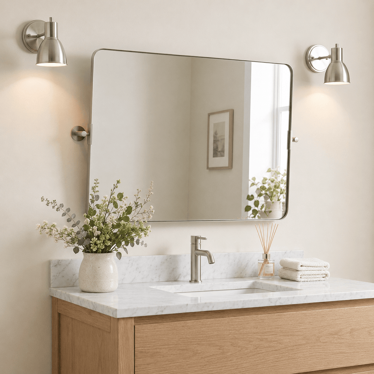 Tilting Rectangular Pivot Mirror for Bathroom/Vanity Floating Mirror | Stainless Steel Frame